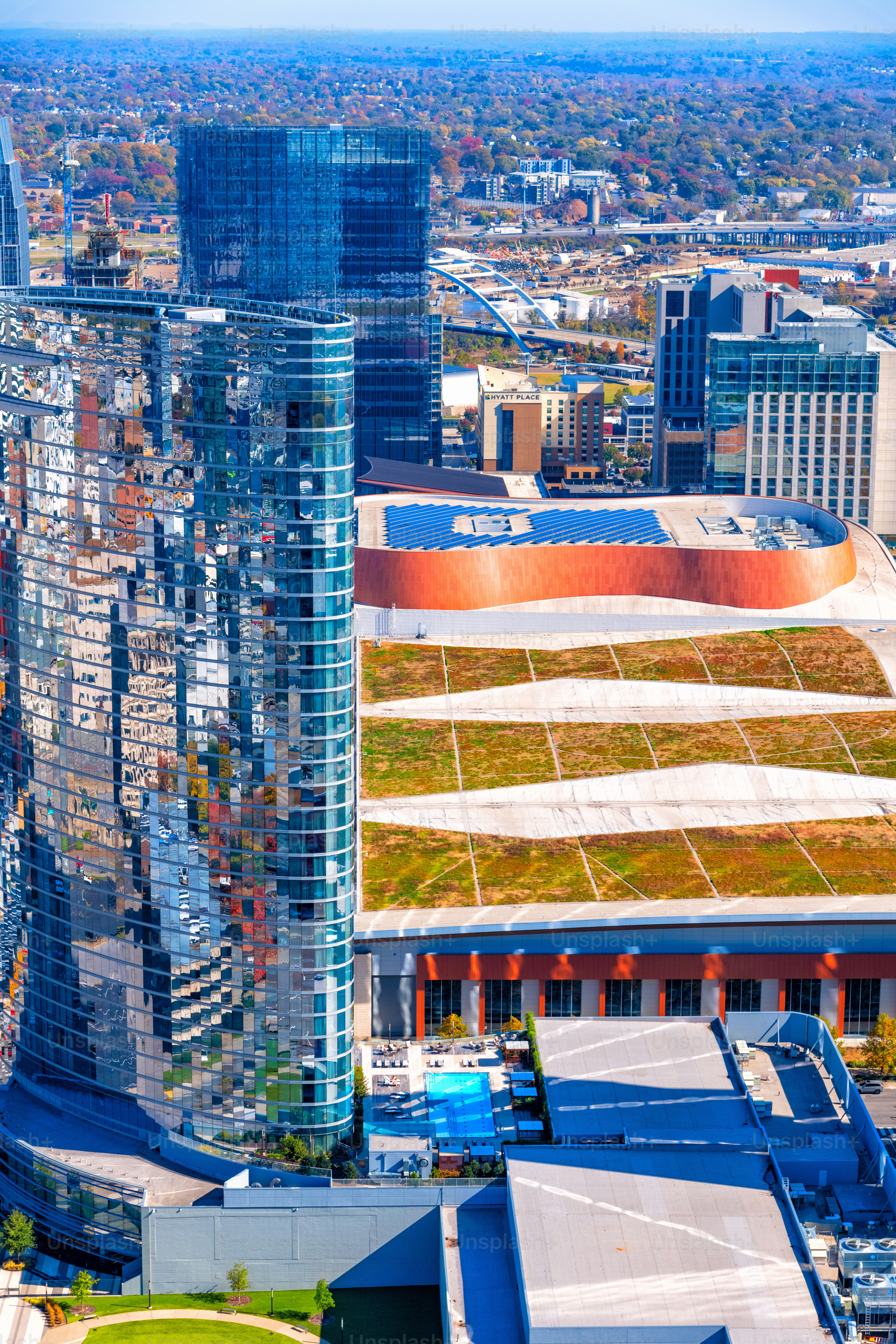 The roof of the convention center in Downtown Nashville, Tennessee shot via helicopter from an altitude of about 600 feet.
