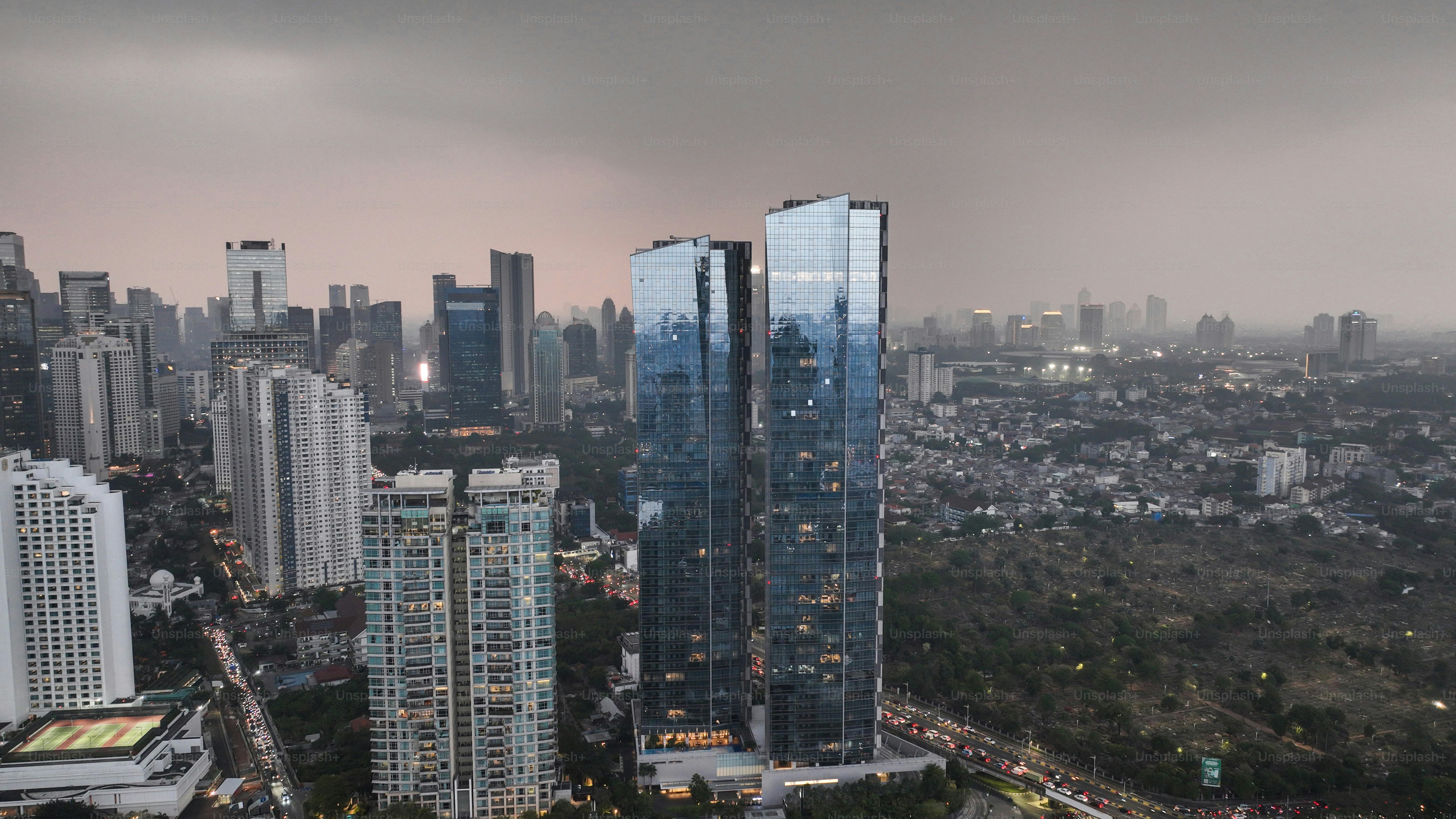 Jakarta downtown buildings at sunset. Bekasi, Indonesia November 24 2023