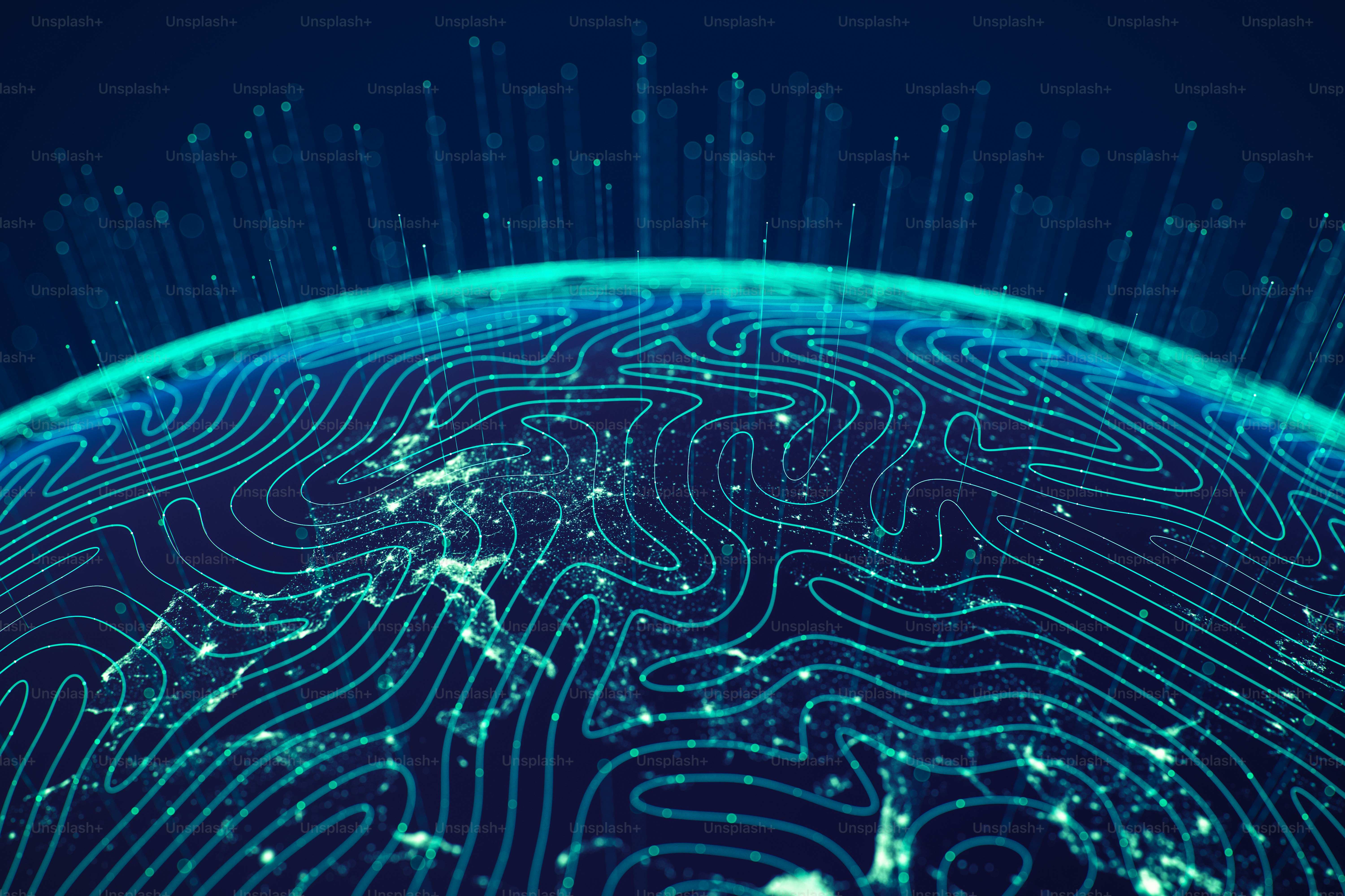 Globe viewing from space at night with abstract artificial intelligence lines.</p>

<p style=
