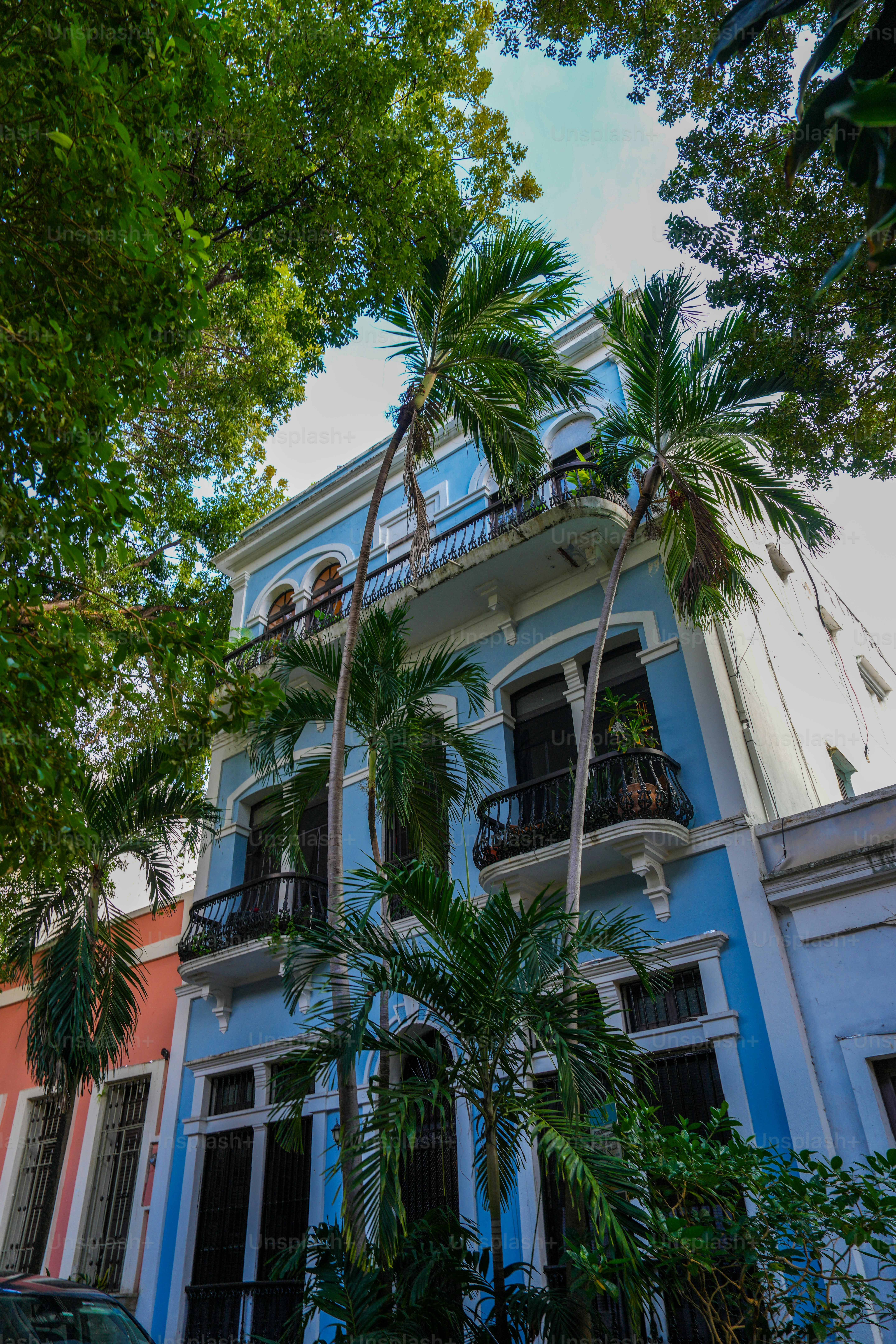 Blue colonial style Caribbean house with palm trees in old San Juan Puerto Rico