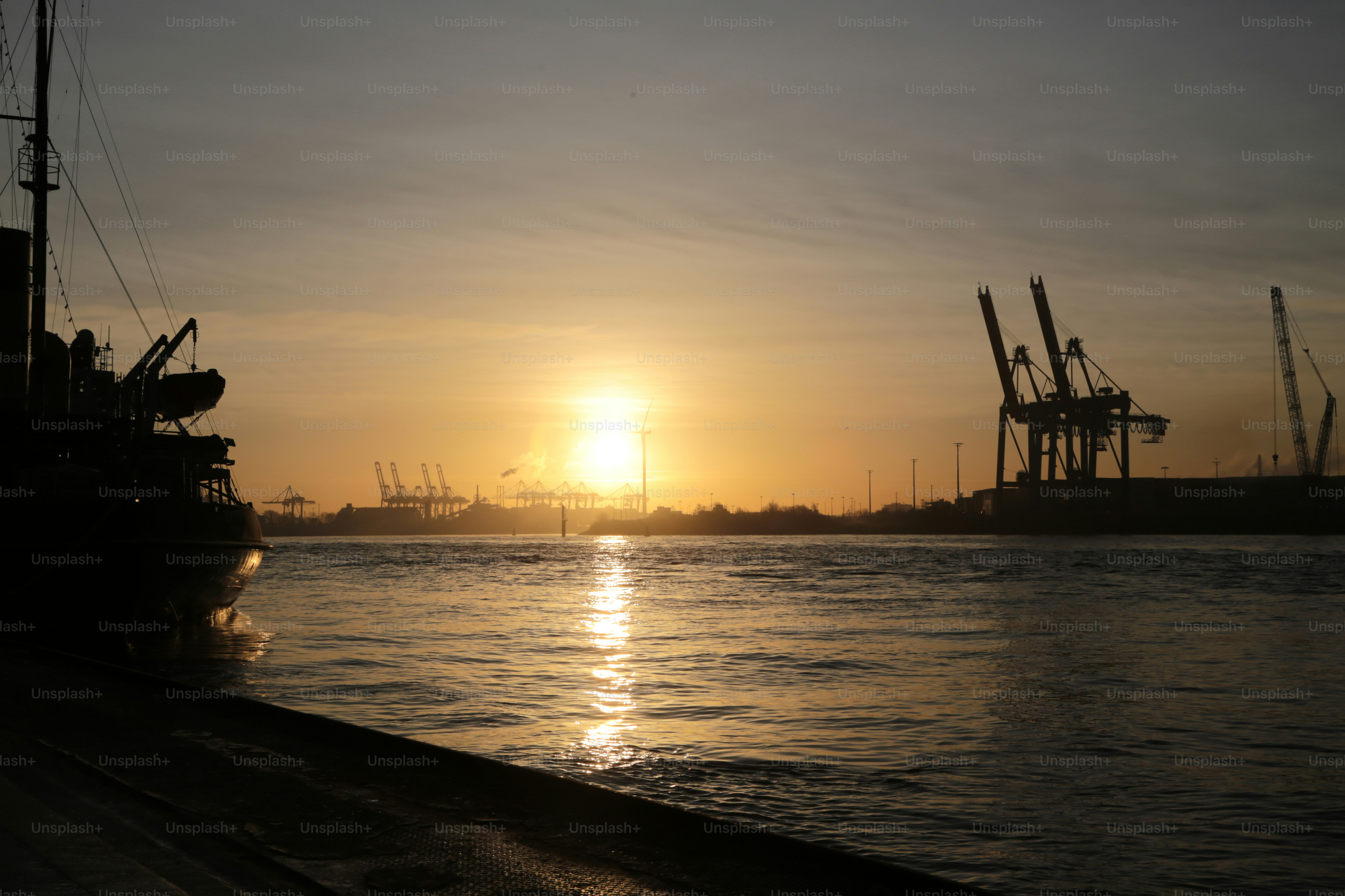 Hamburg Port with Sunrise in the Morning