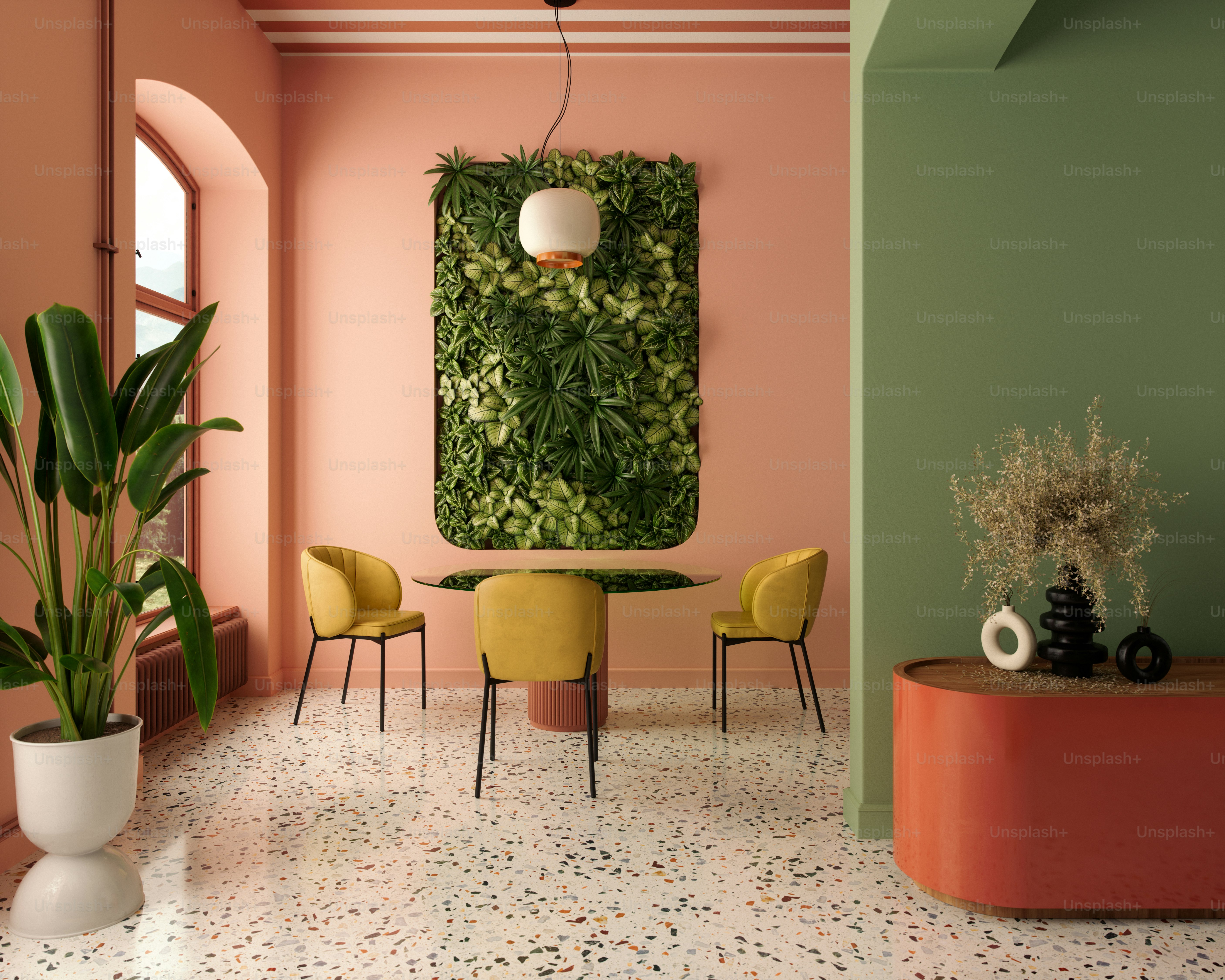 Contemporary chic dining space features a harmonious color palette with complementary colors and with modern and minimalistic furniture.