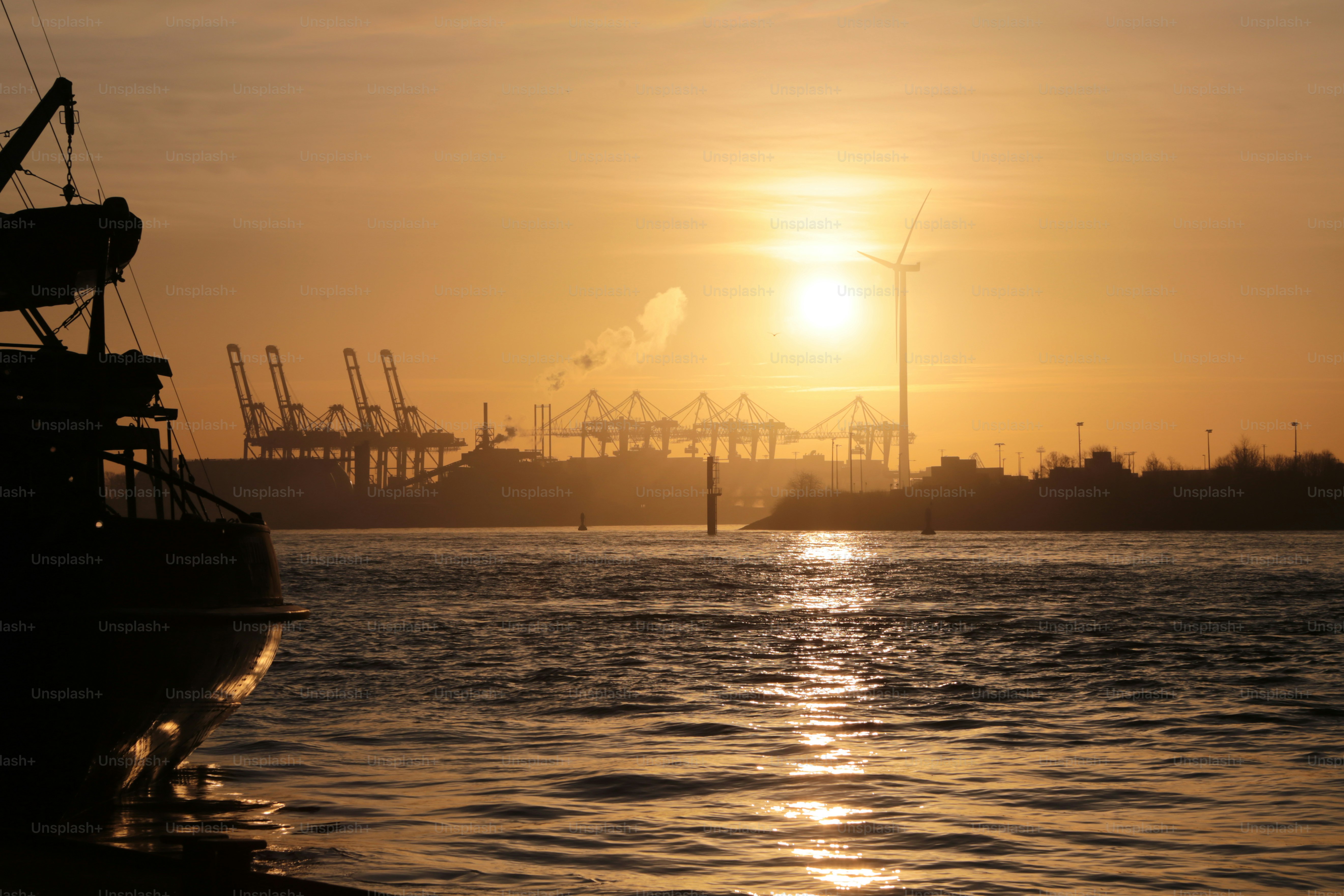 Hamburg Port with Sunrise in the Morning