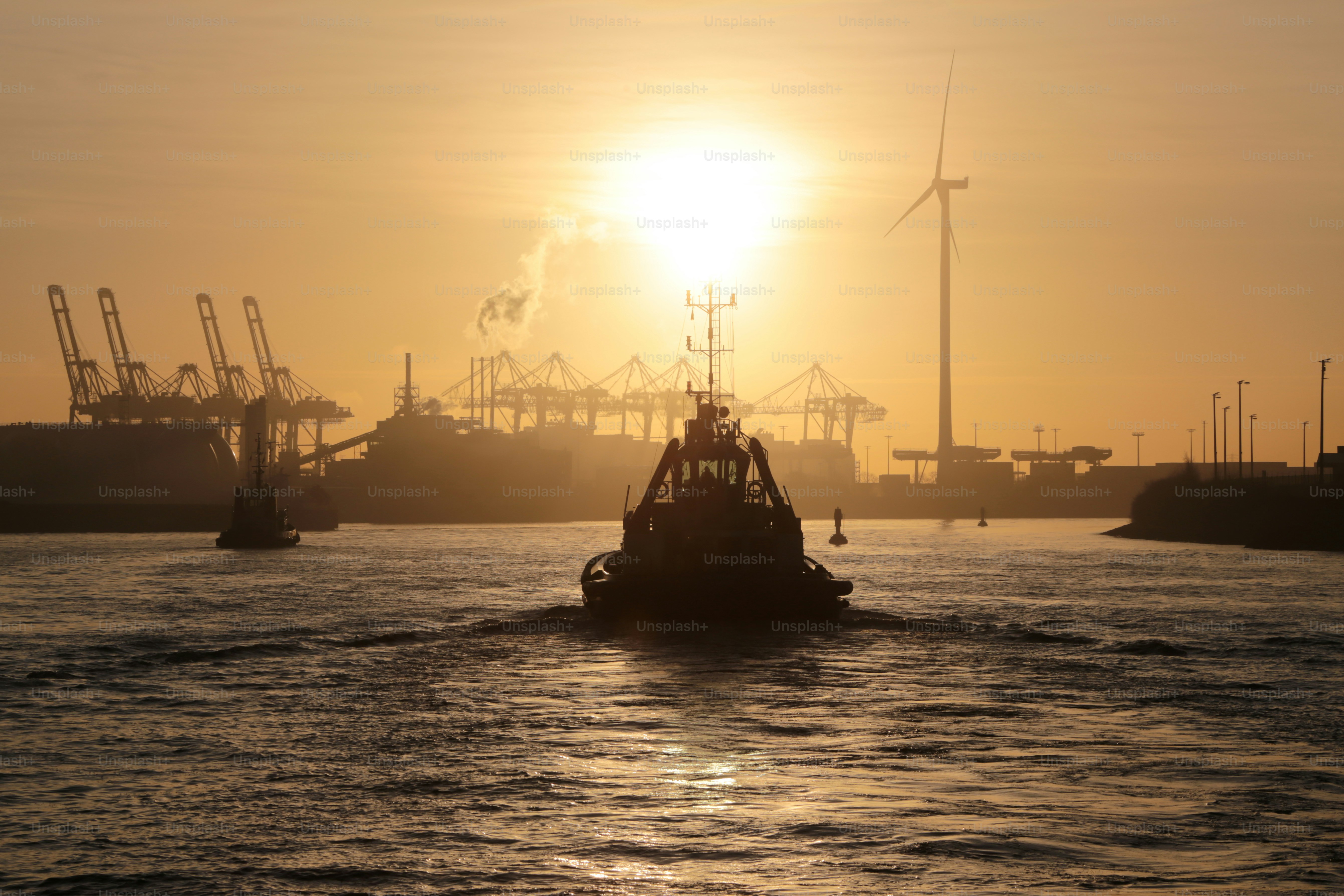 Hamburg Port with Sunrise in the Morning