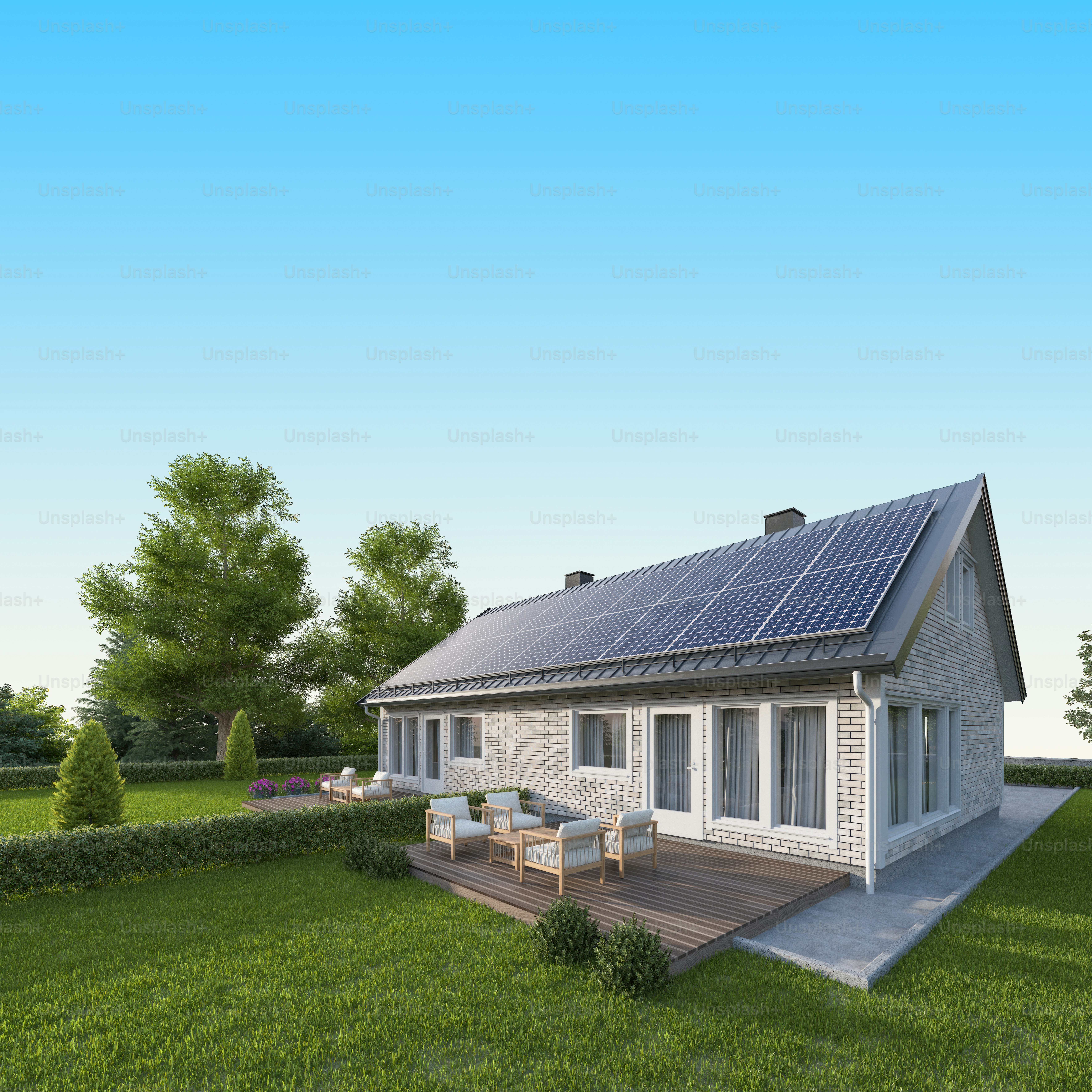 Maison moderne en briques blanches avec panneaux solaires sur un toit en métal. Éco-concept énergétique. Scène estivale. Cour arrière avec gazon vert et mobilier d’extérieur moderne. Rendu 3D