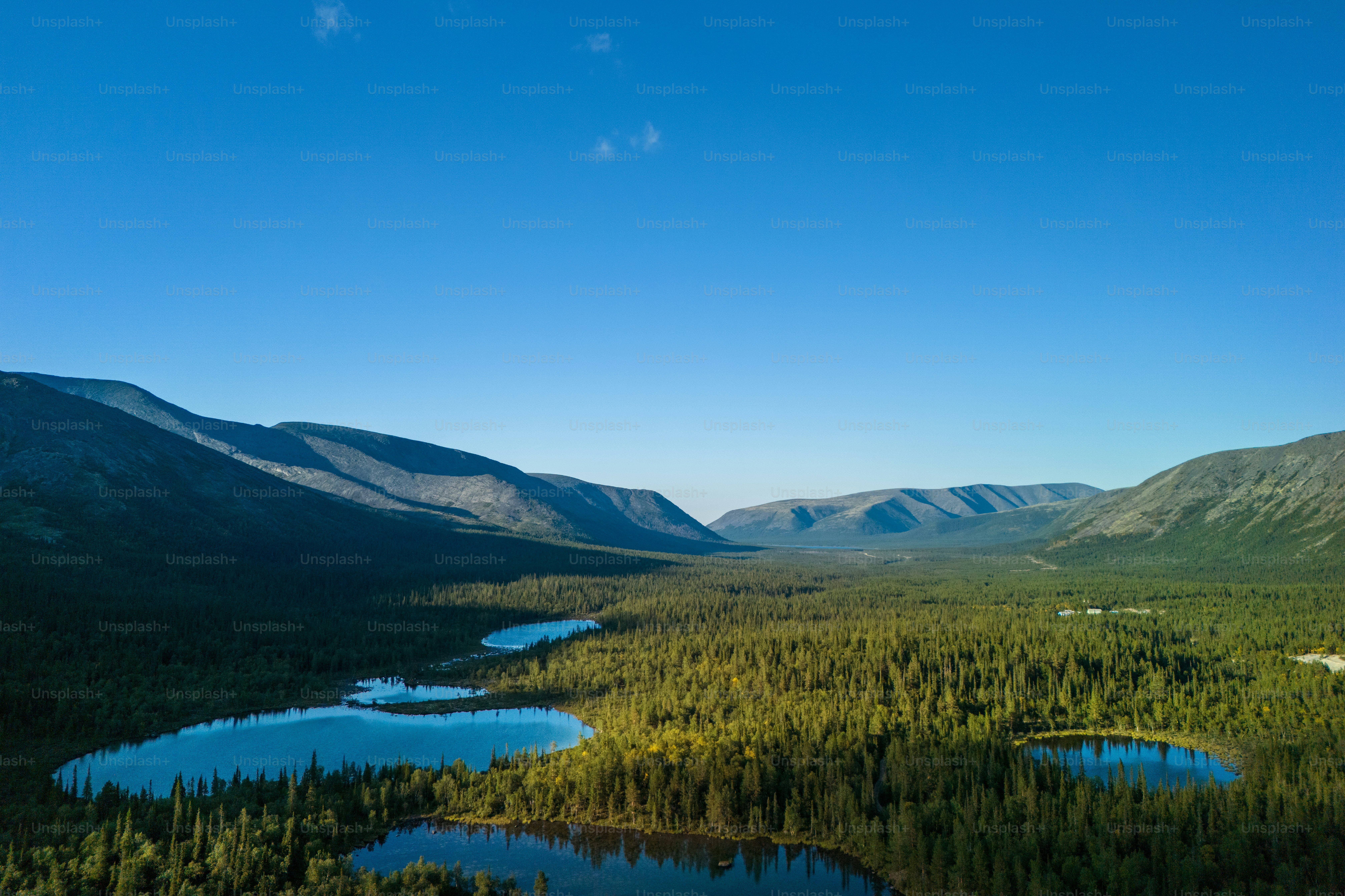 Aerial view of stunning landscape, group of lakes in the Khibiny, Kola Peninsula, Russia