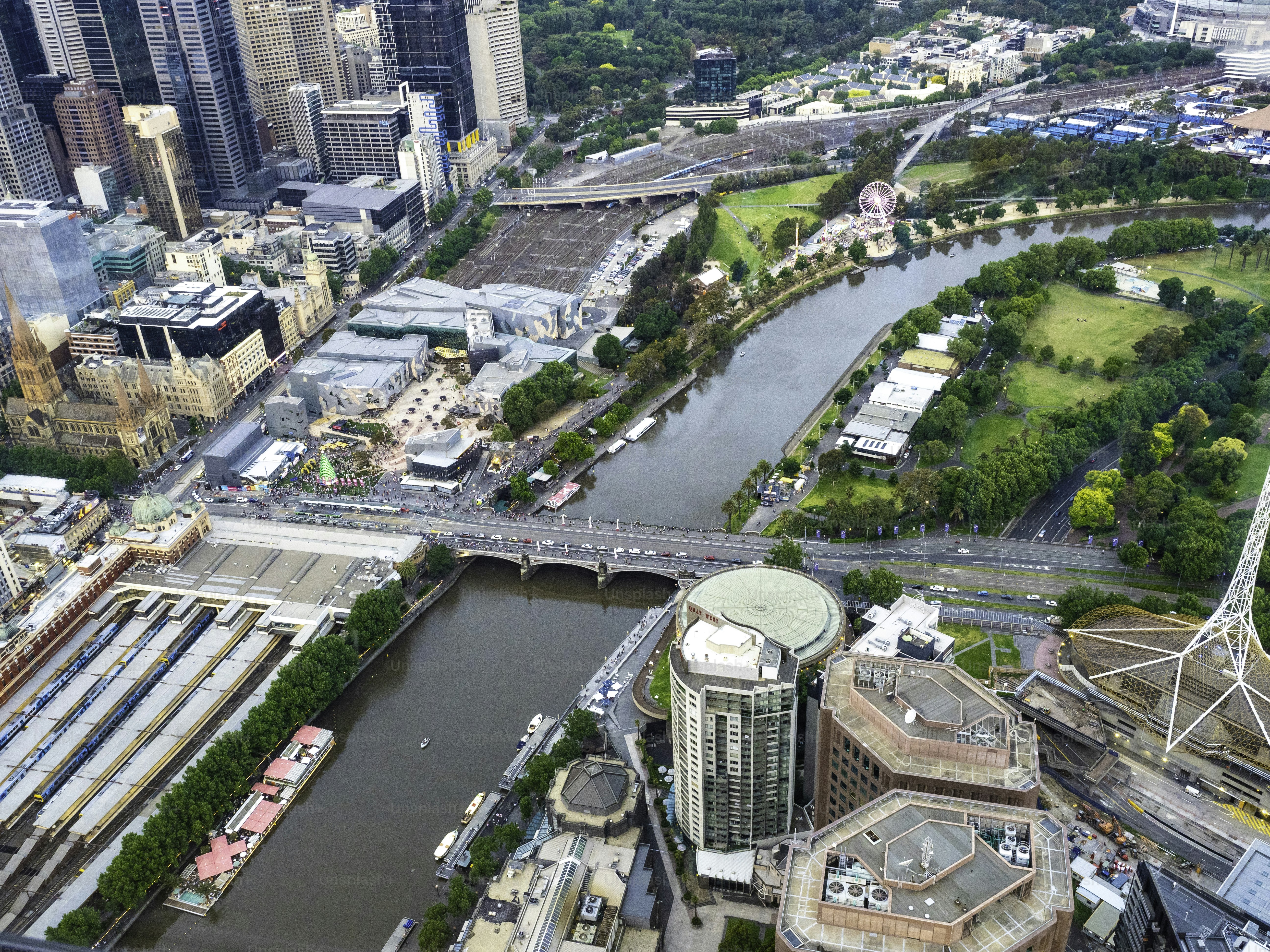 High angle view of Flinders Street Station, Federation Square, Melbourne Park Precinct and Yarra River