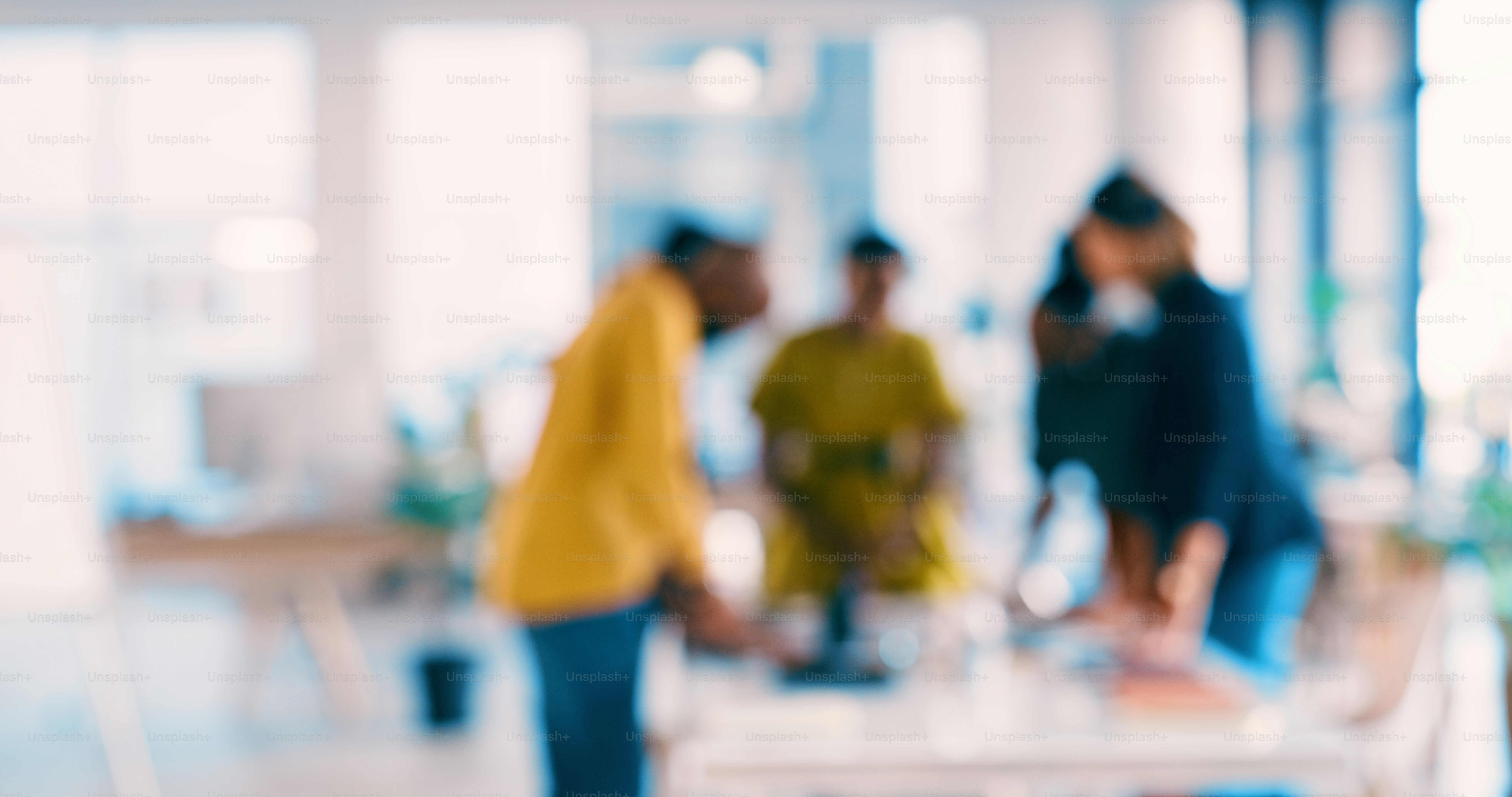 Blur, meeting and employees for discussion in office, working and job for corporate career. People, teamwork and collaboration for business in banking, investment company or diversity in workspace