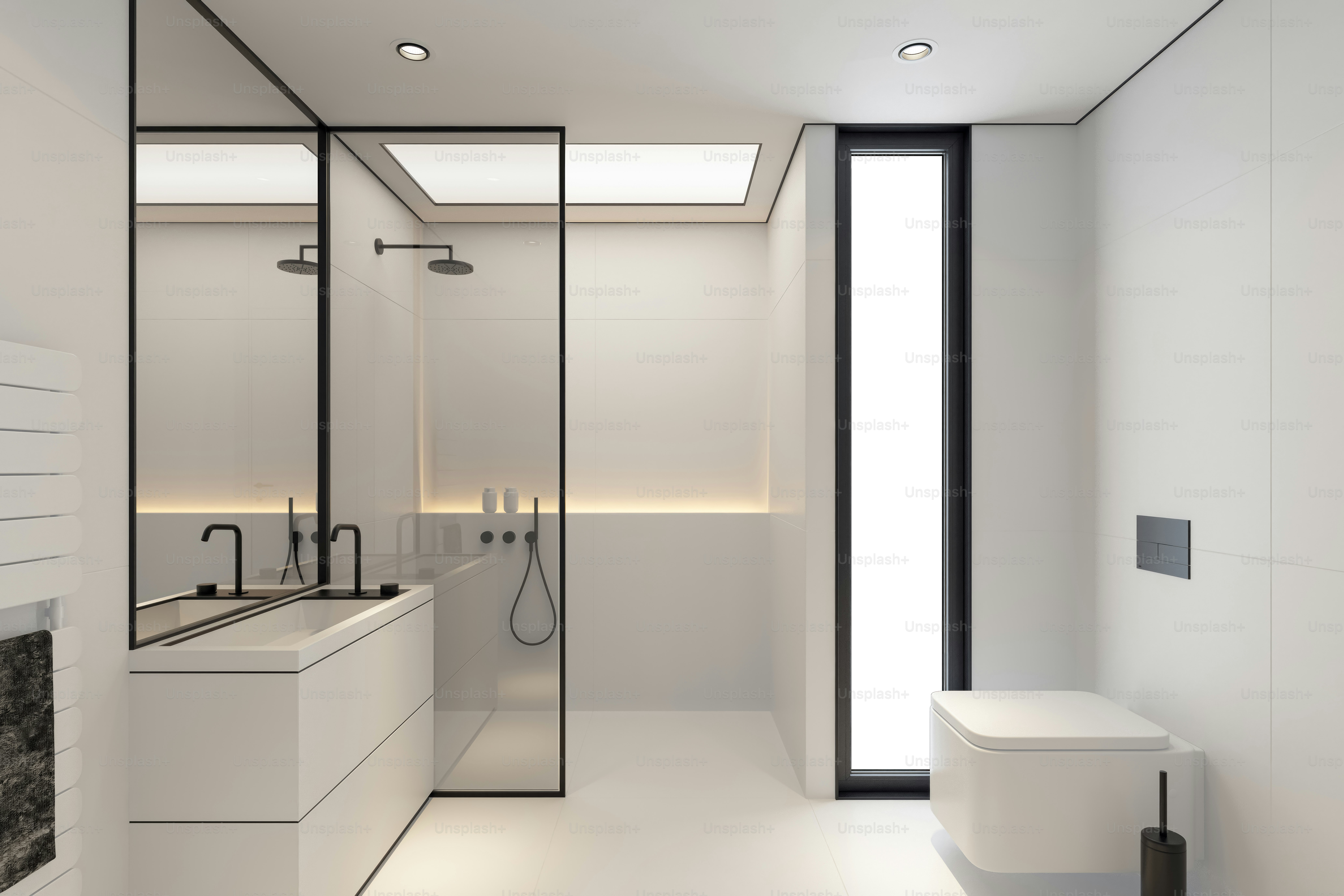 Luxurious Scandinavian bathroom with white stone tiles and black details.