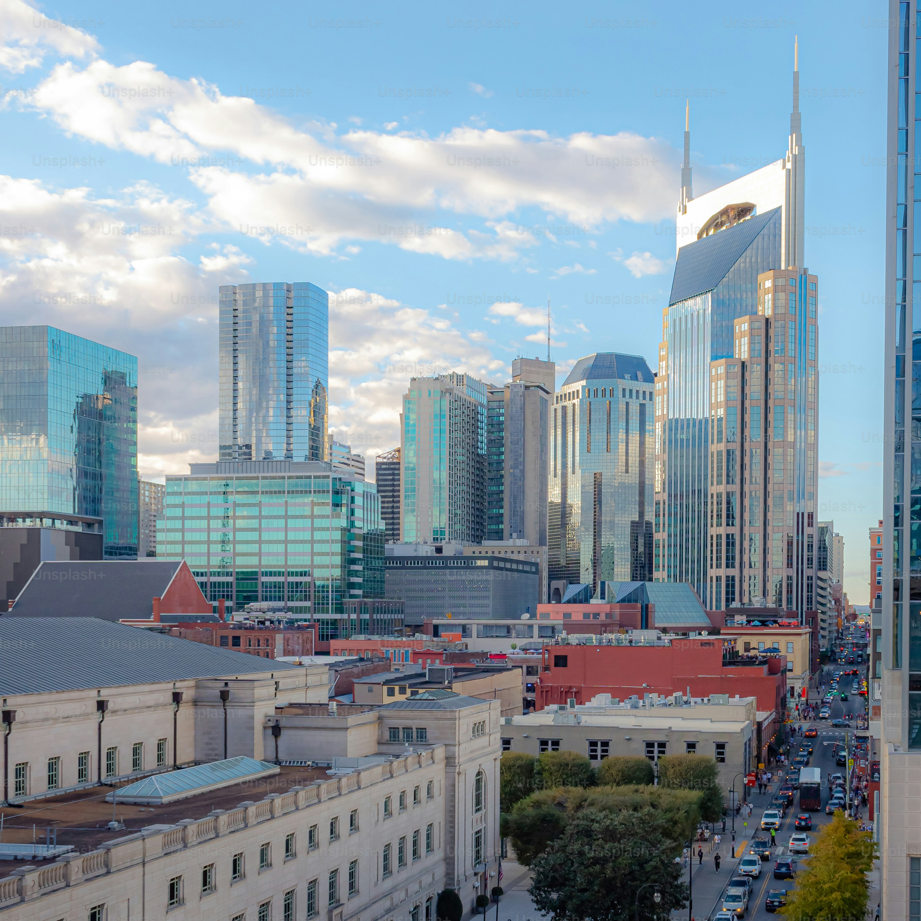 Downtown Nashville city skyline building view. Photo taken in Nashville Tennessee during a cloudy day