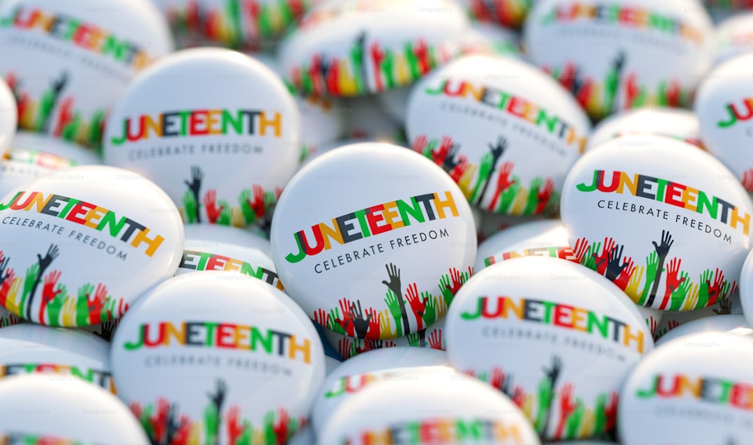 Juneteenth printed badges. Horizontal composition. Juneteenth concept.