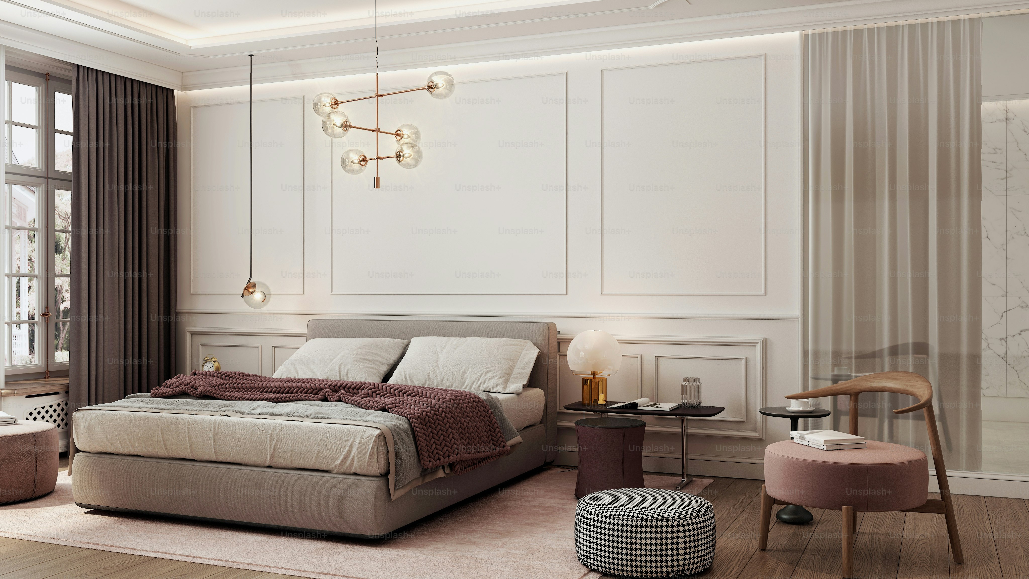Bedroom interior designed in a modern classic style with a large bed and  ornaments on the walls. In the background you can see the bathroom  separated by a glass wall and a, image size:3000x1688