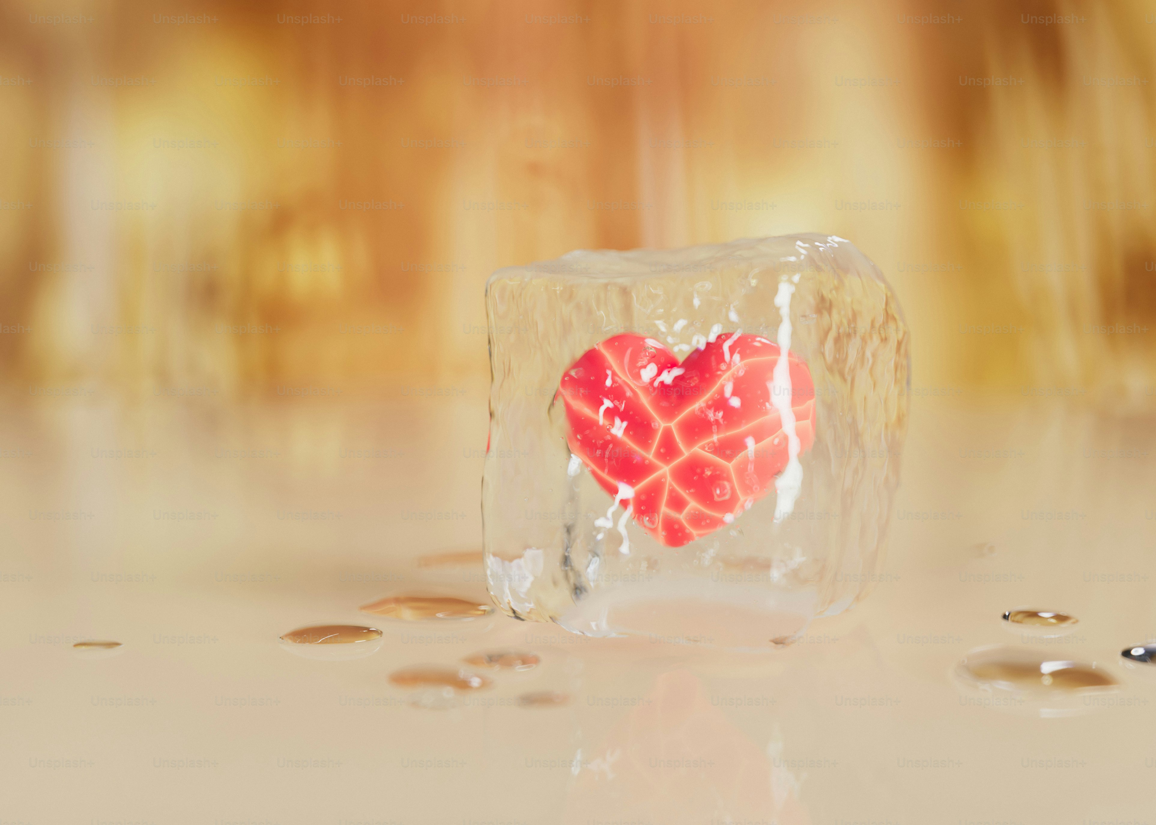 A heart in a glass block on a table