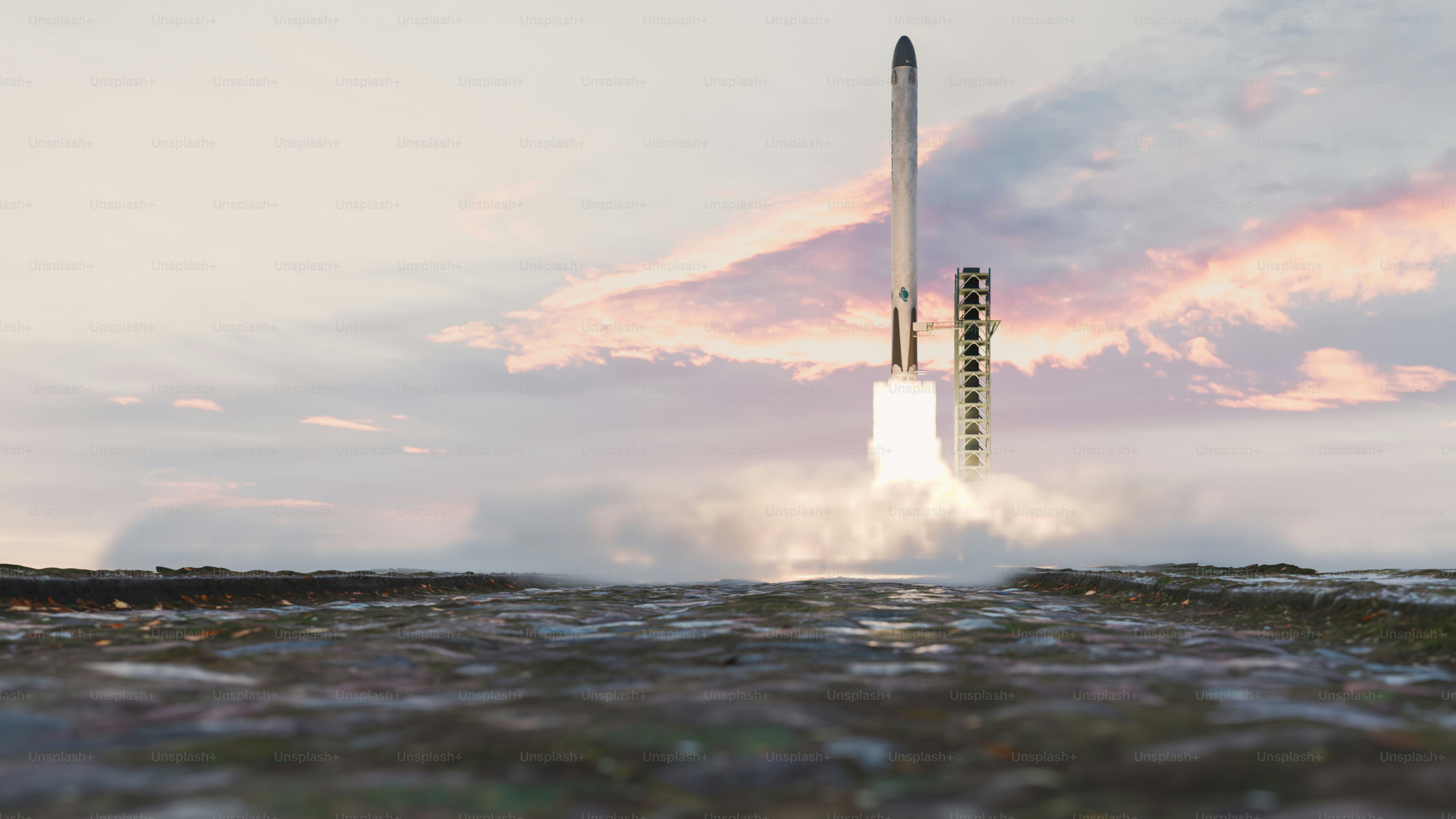 A rocket launching into the sky with clouds in the background