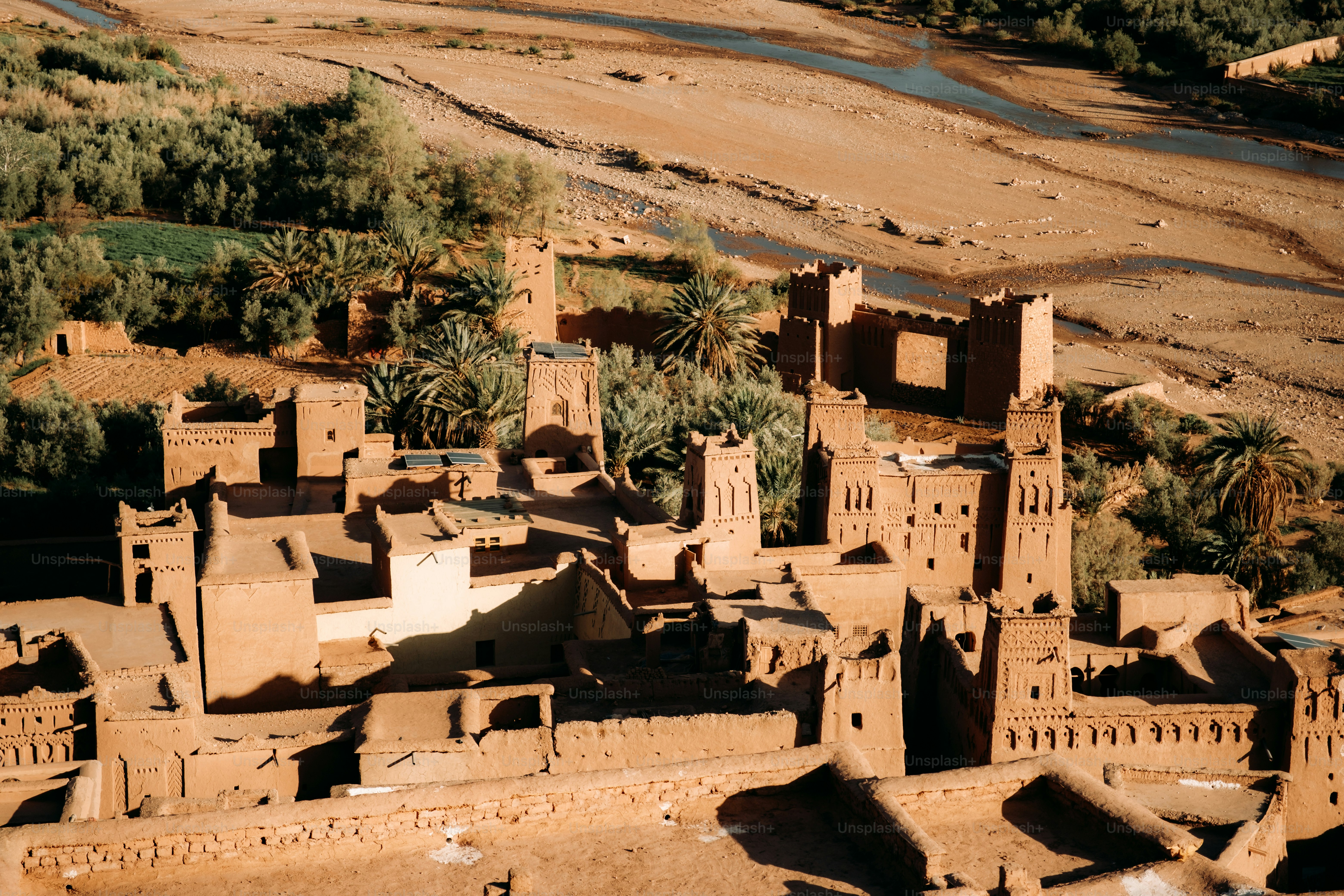 An aerial view of a village in the desert