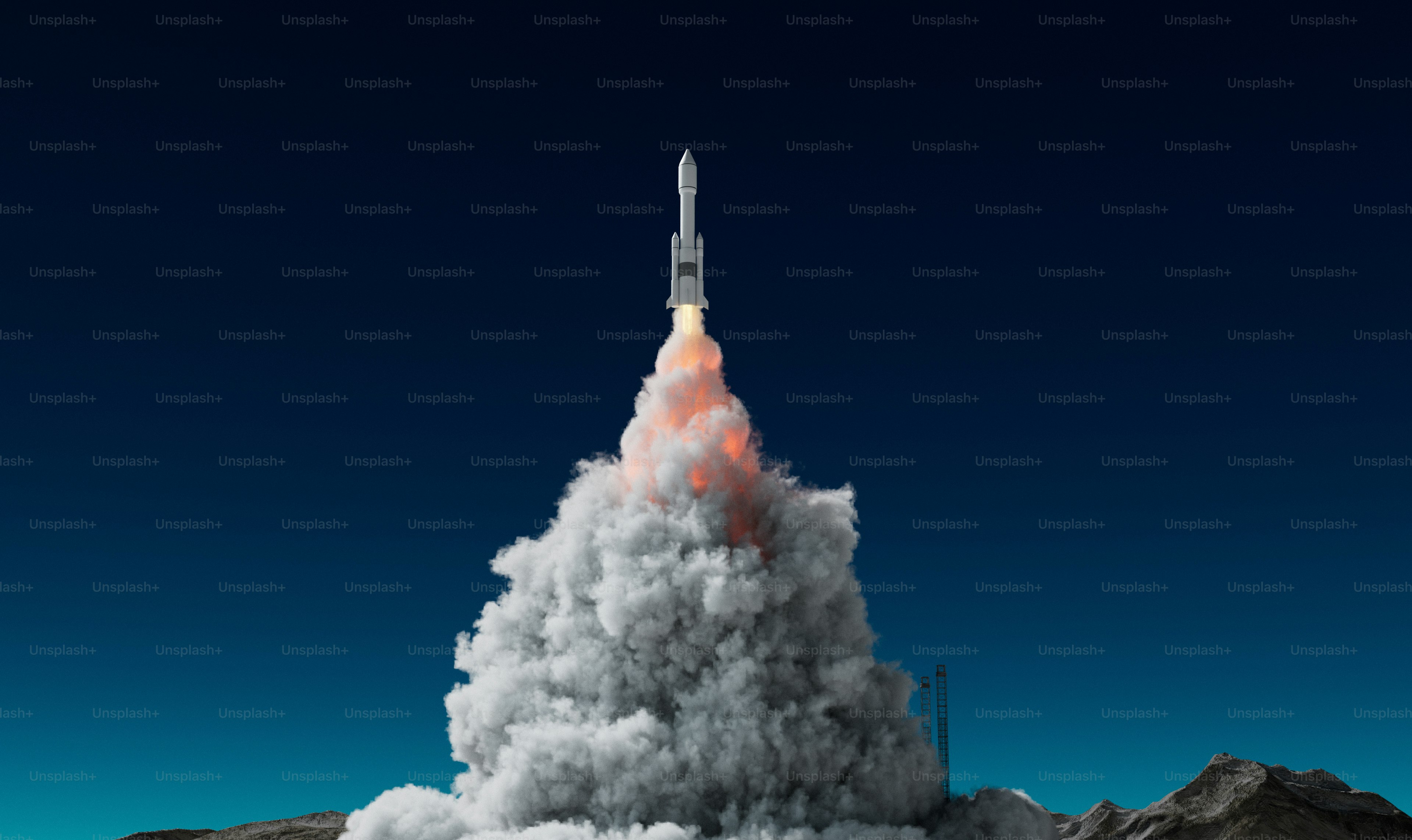 Eine Rakete, die in den Himmel startet, mit einem Berg im Hintergrund