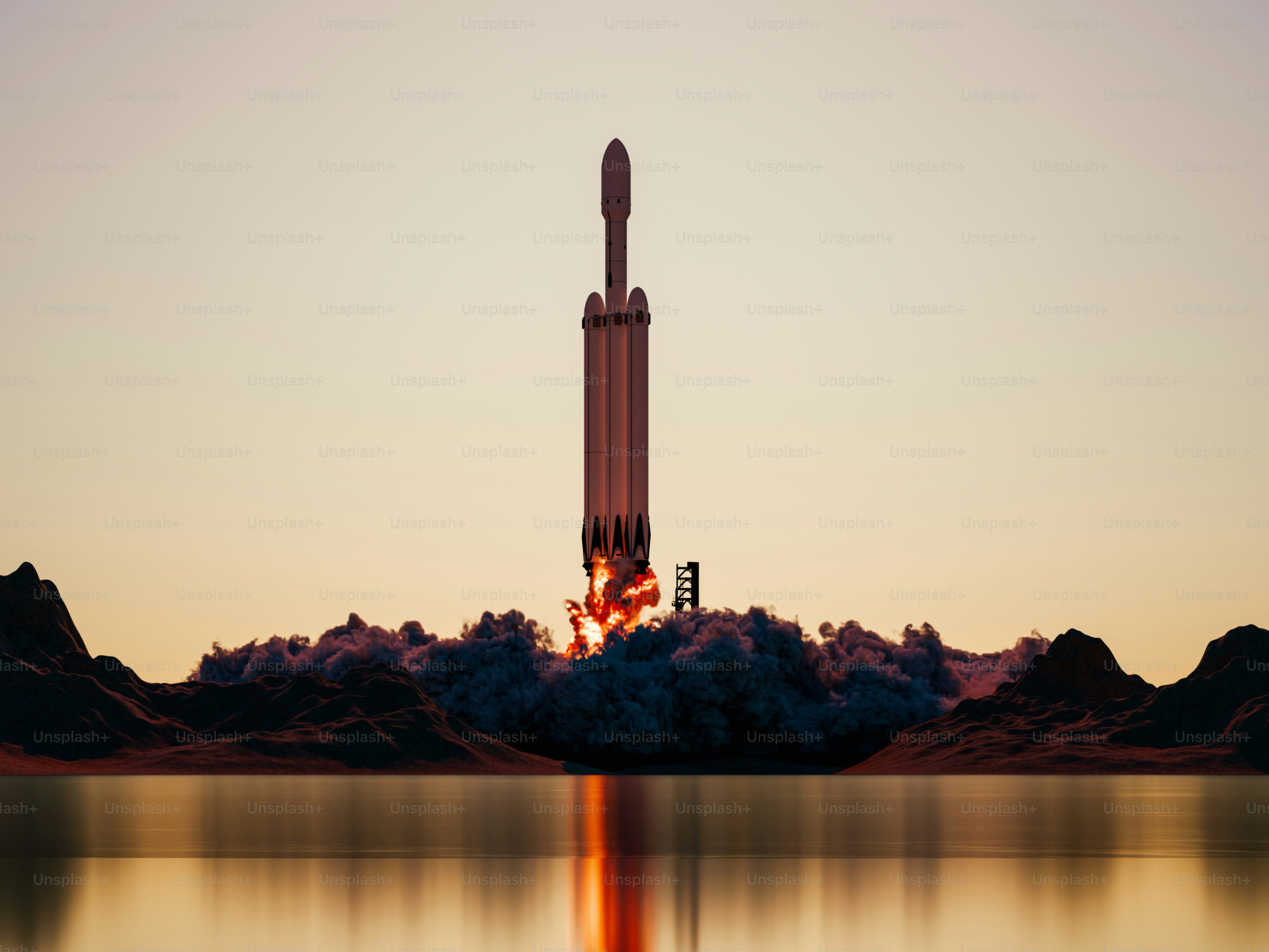A rocket is flying over a mountain range