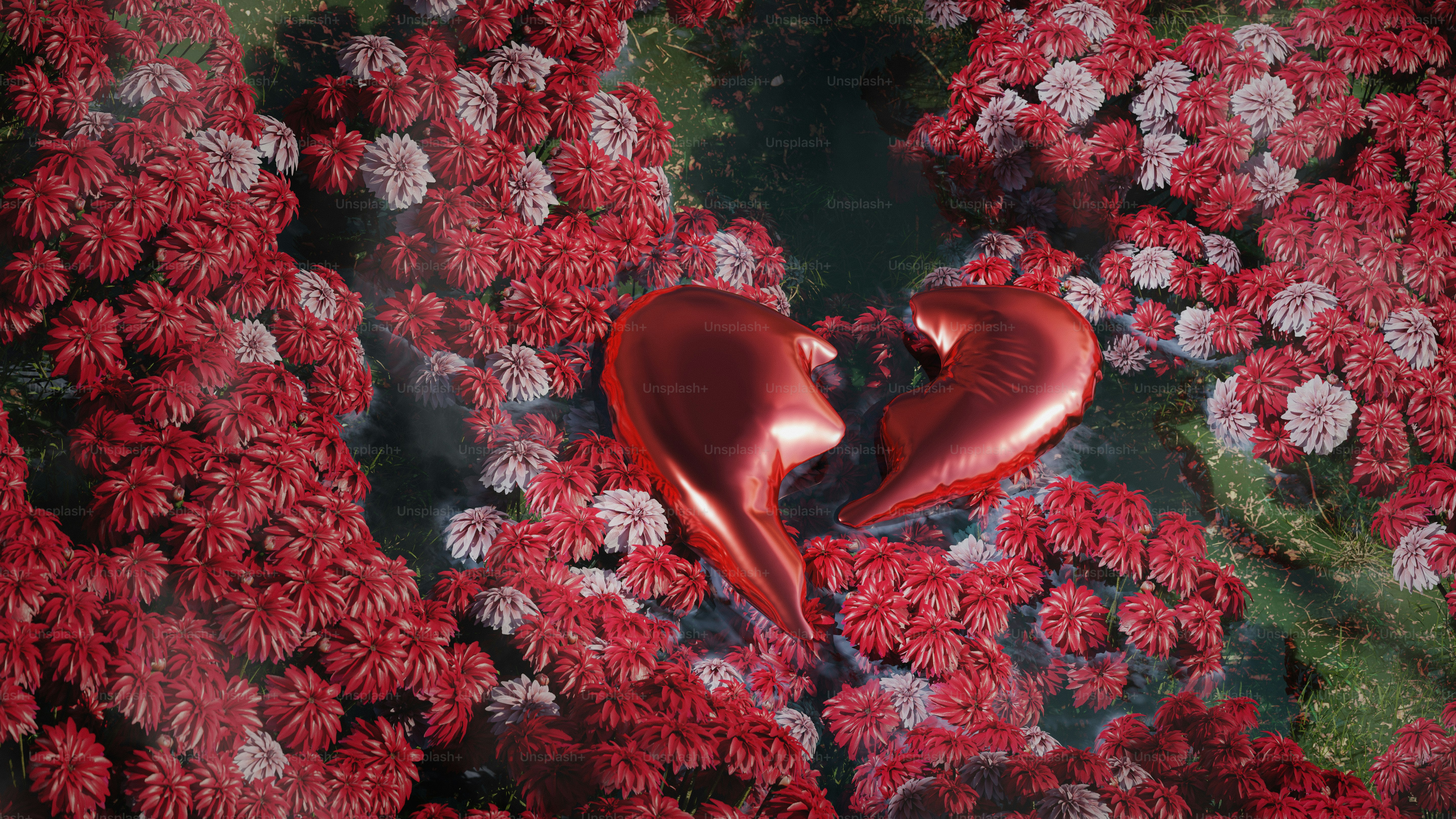 A heart shaped object in a field of flowers