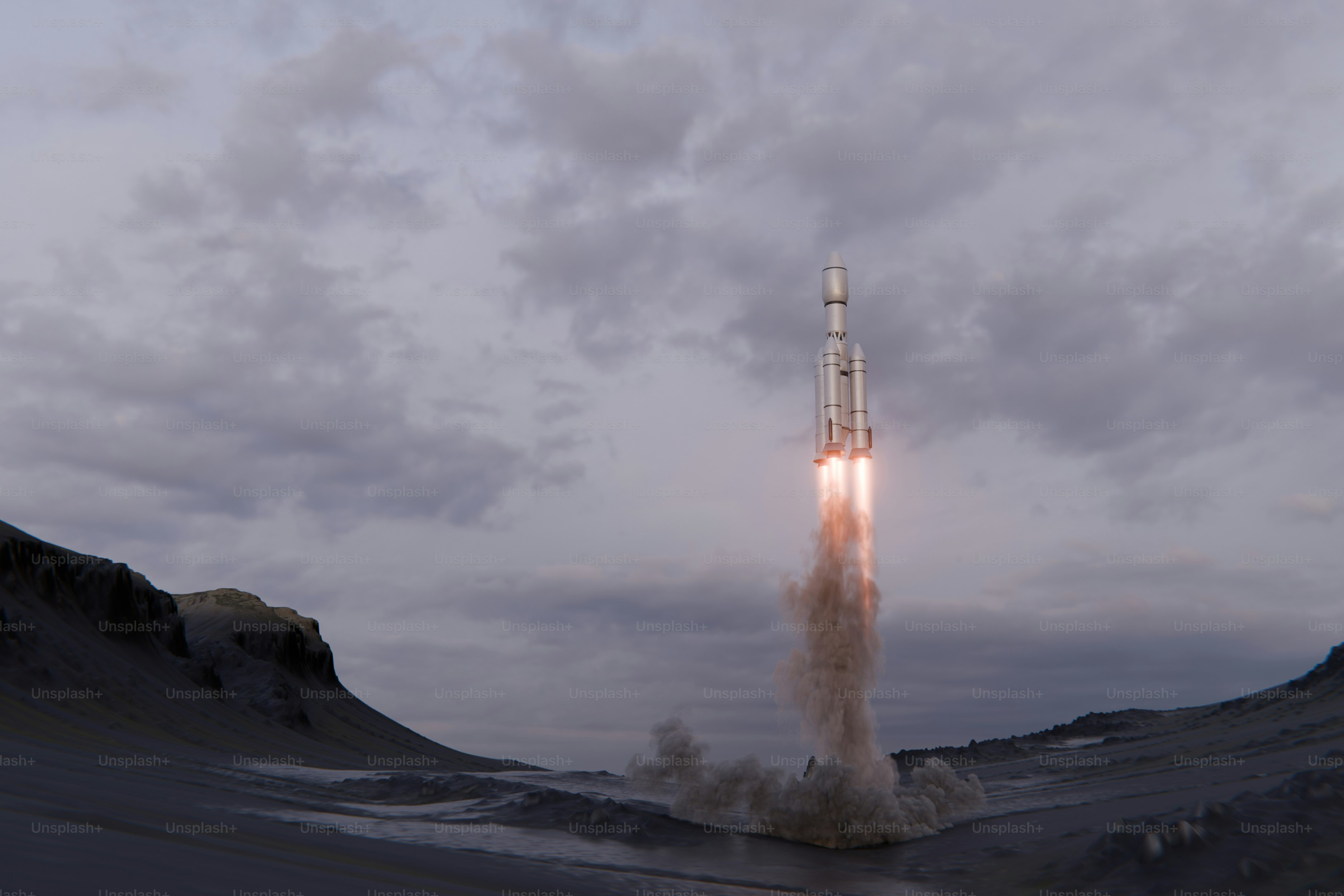 A rocket launching into the sky with a mountain in the background