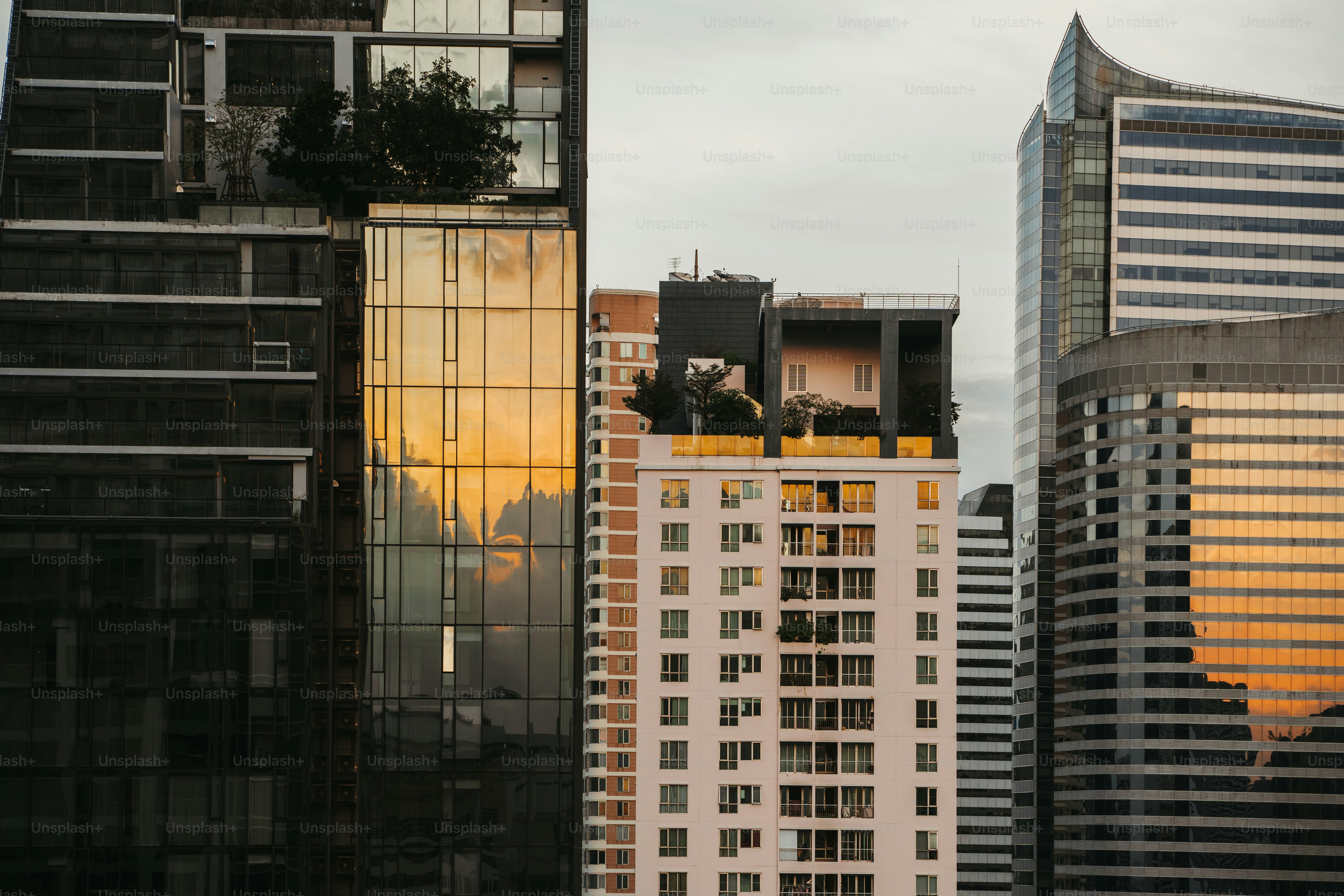 A view of a city with tall buildings