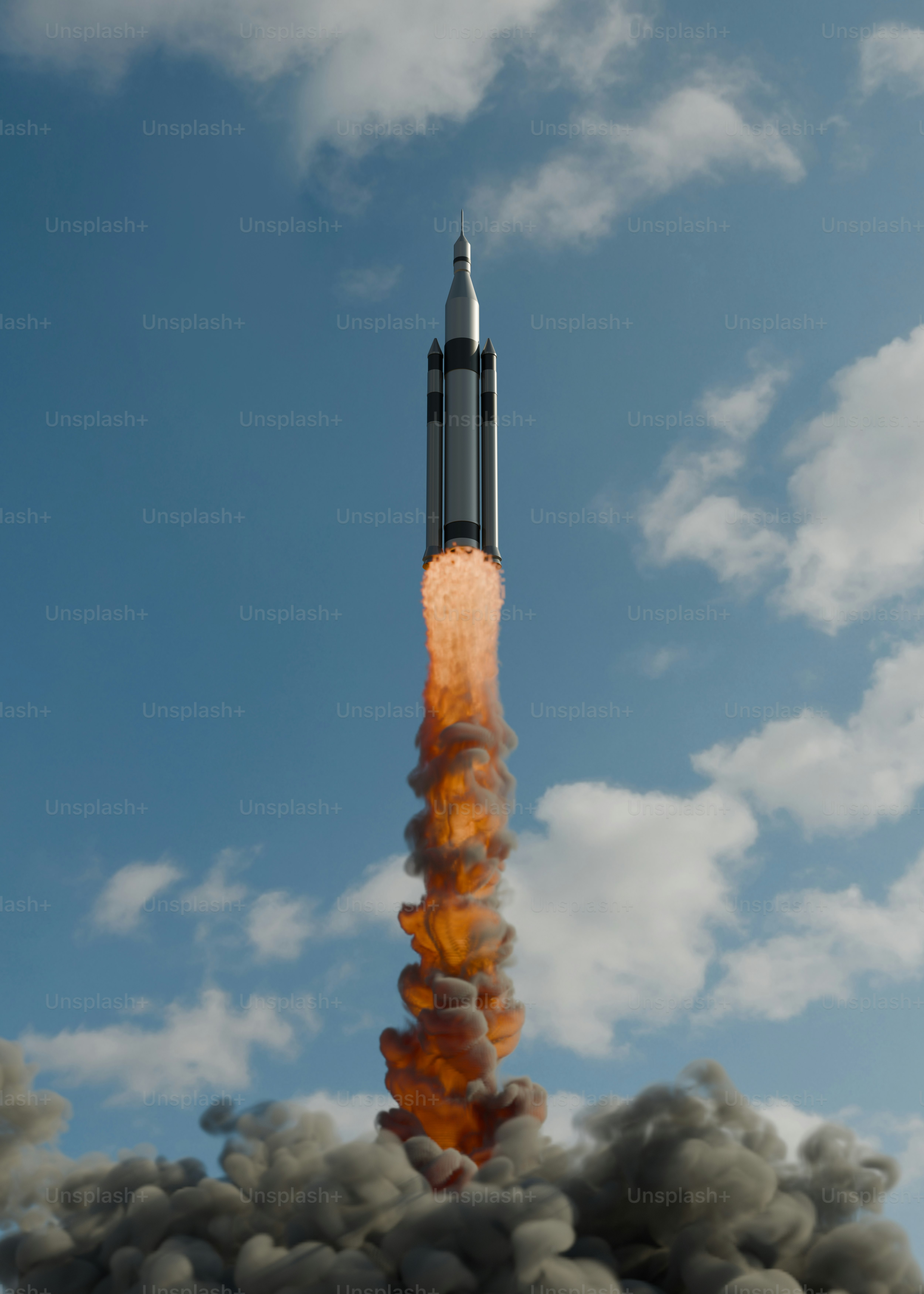 A rocket launching into the sky with smoke coming out of it