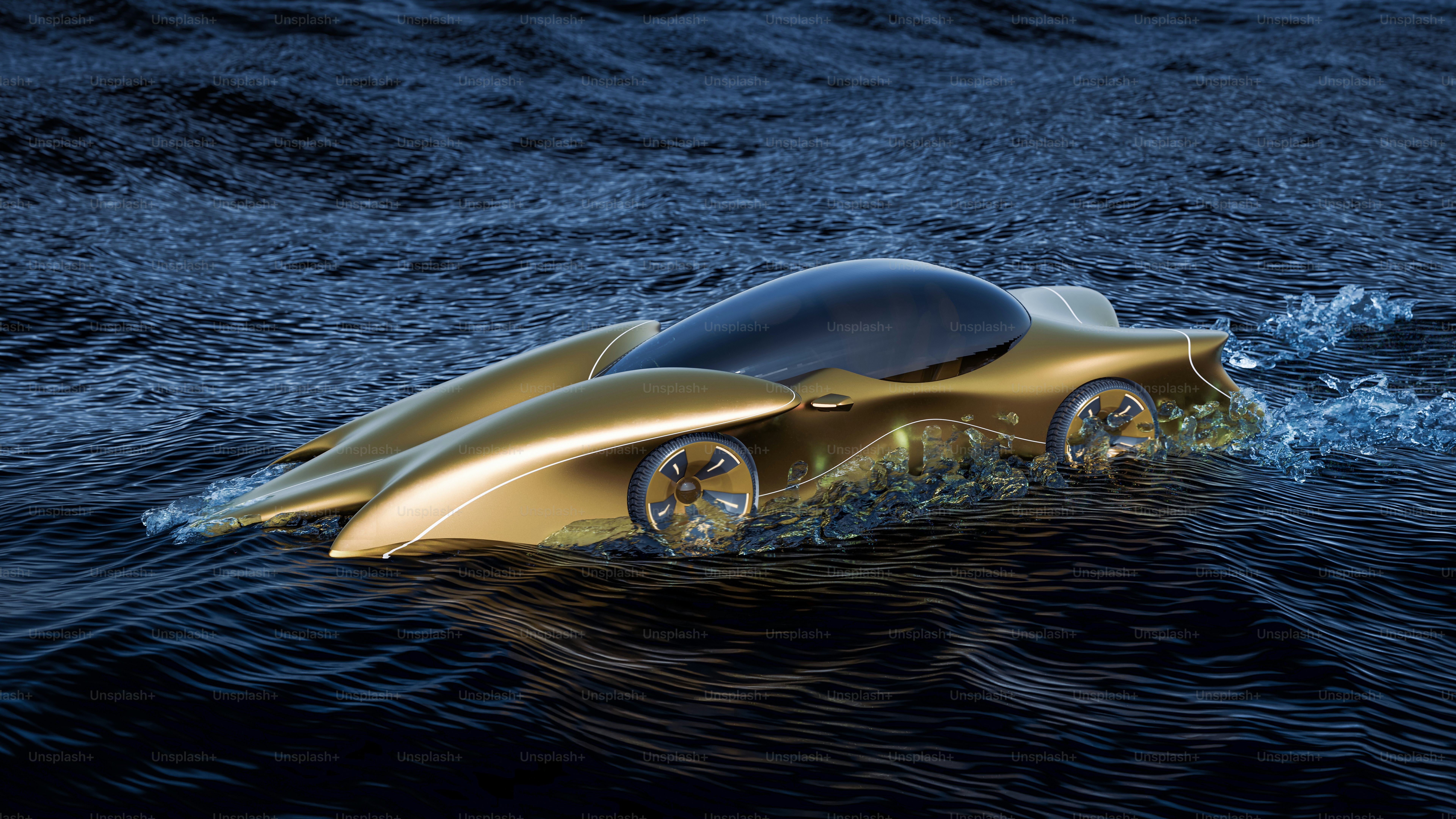 Um veículo futurista flutuando em cima de um corpo de água