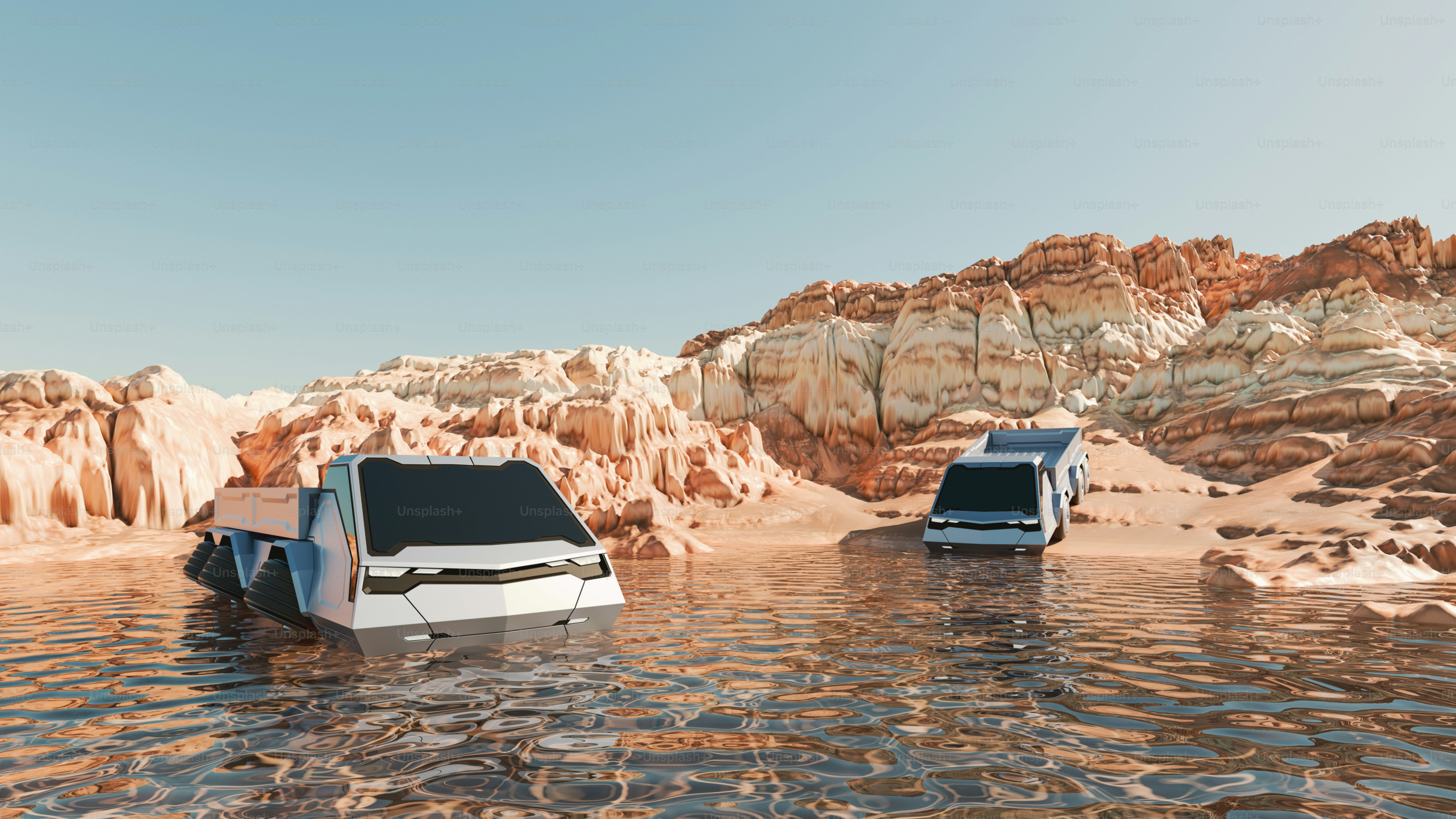 Three computer monitors are submerged in a body of water photo – 3d ...