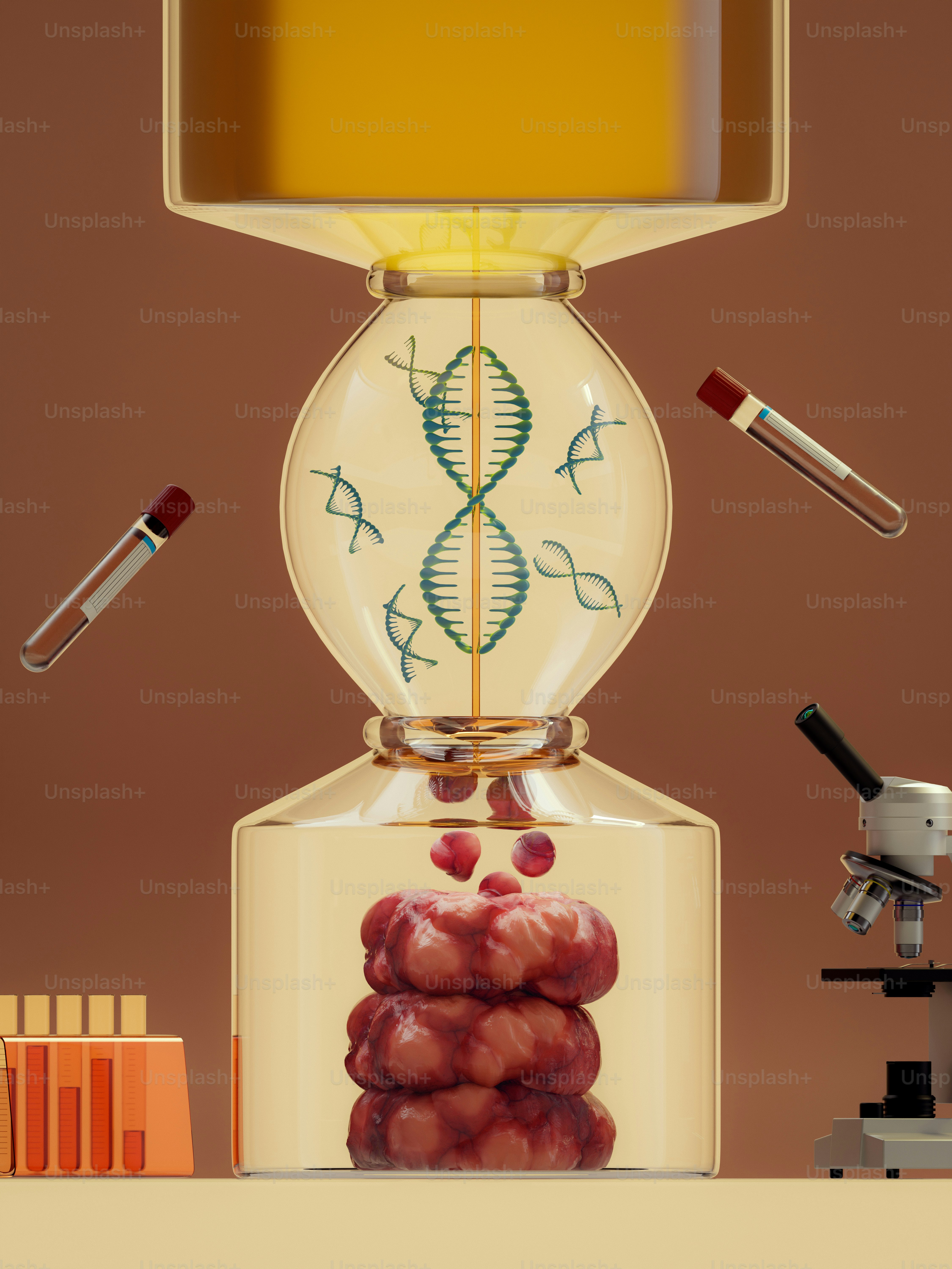 A table with a microscope, a microscope, and a lamp on it