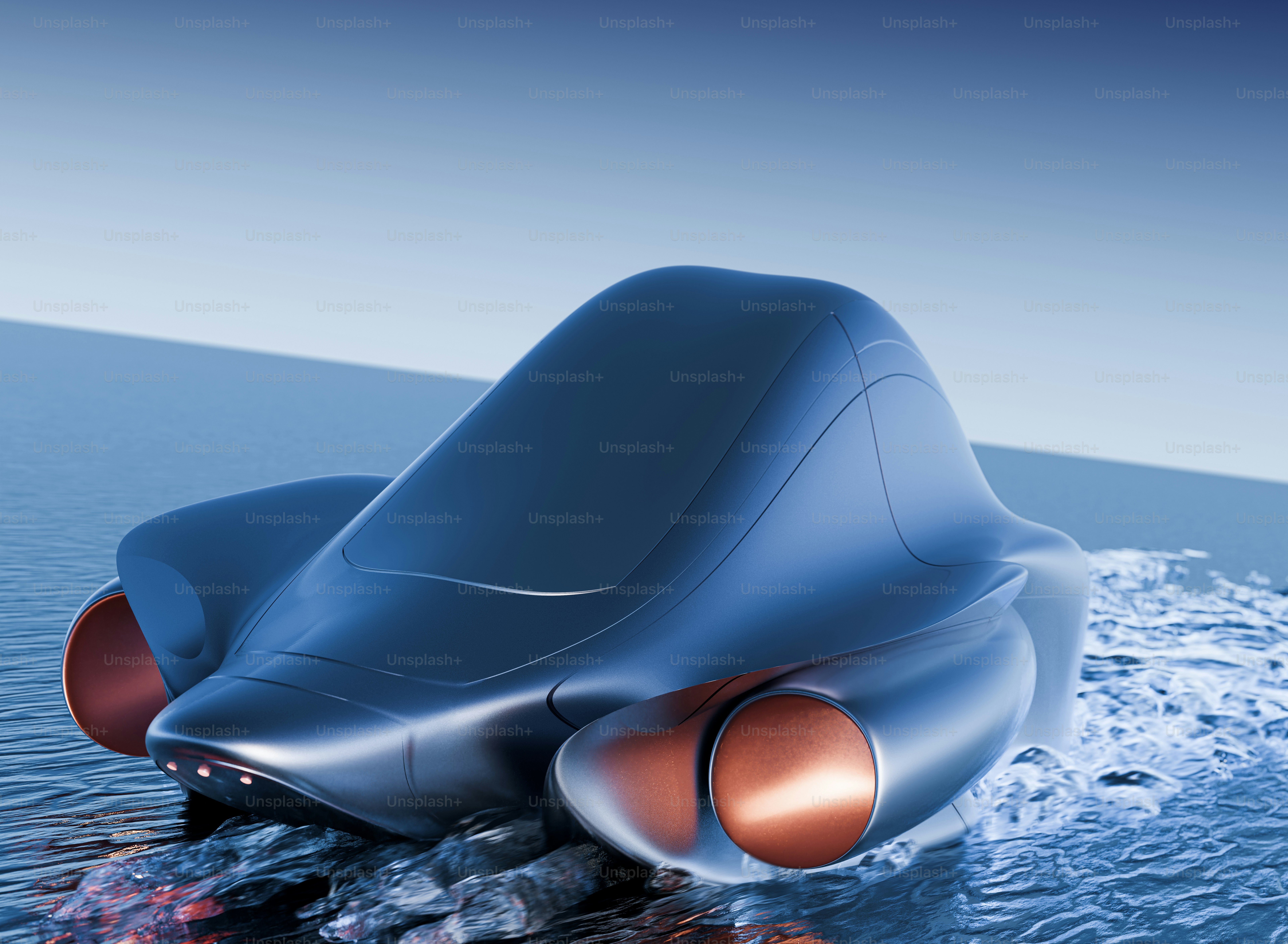 Um veículo futurista flutuando em cima de um corpo de água