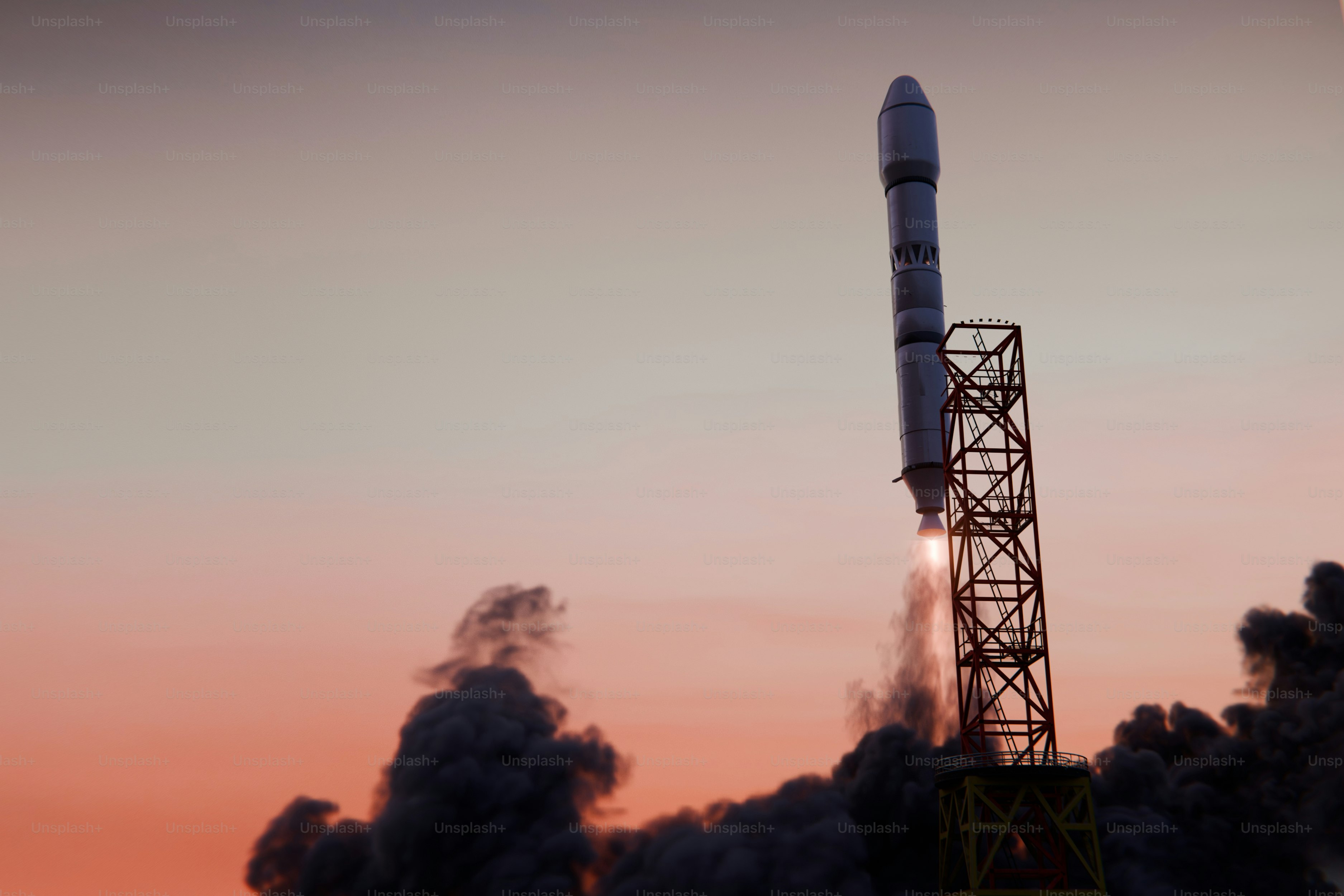 A rocket launching into the sky with smoke coming out of it
