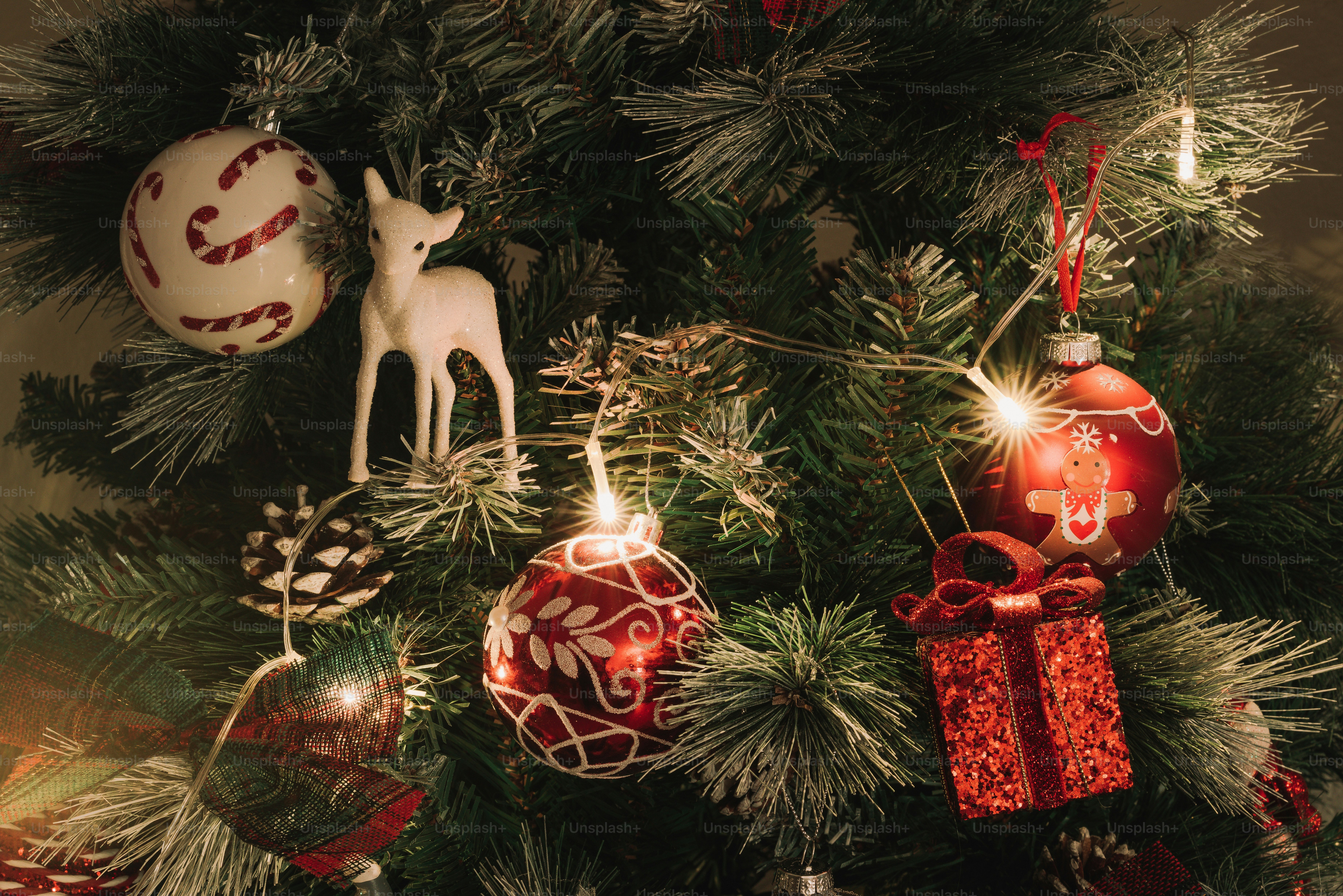 A christmas tree decorated with ornaments and lights