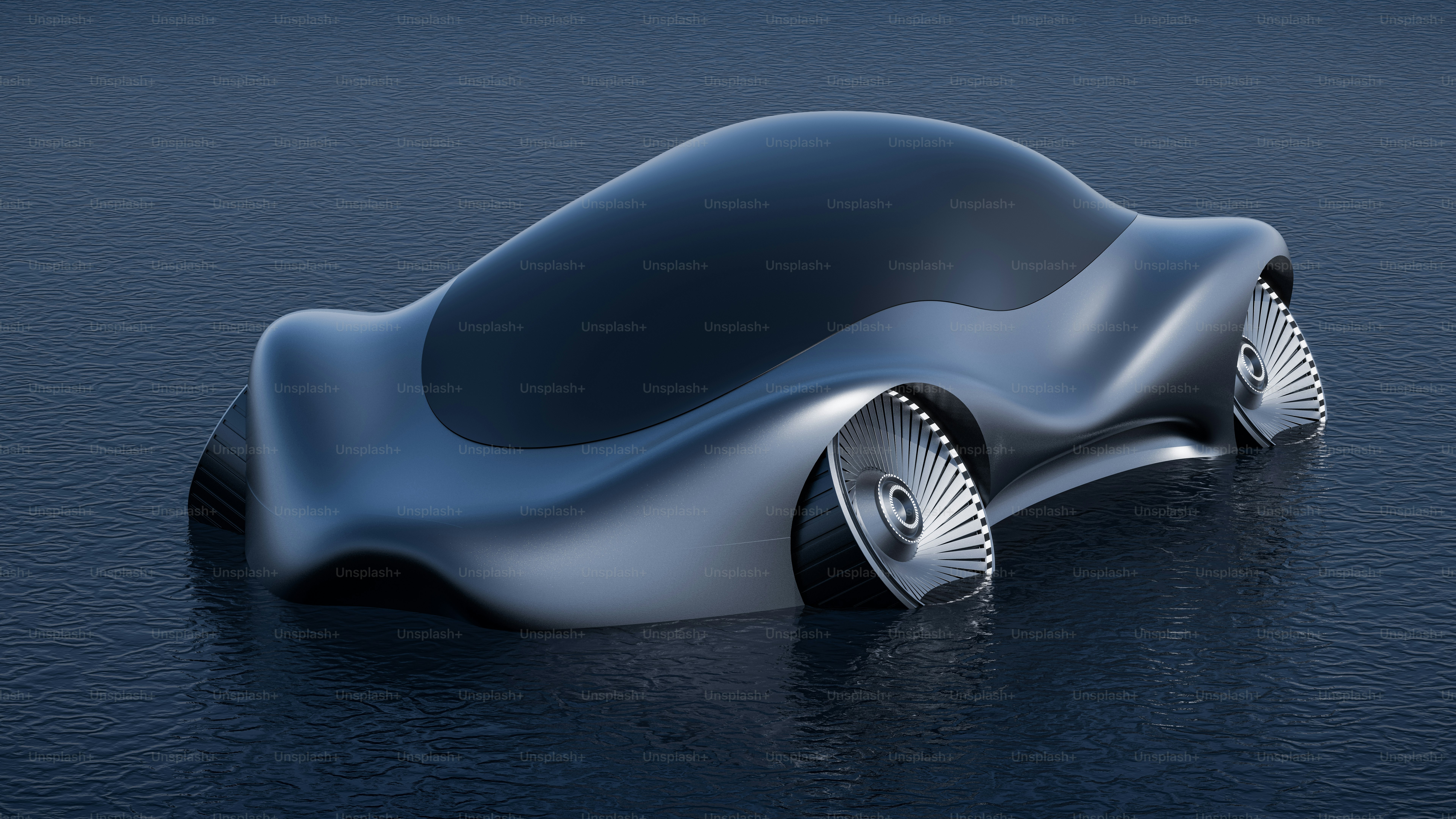 A futuristic car is shown on a dark surface