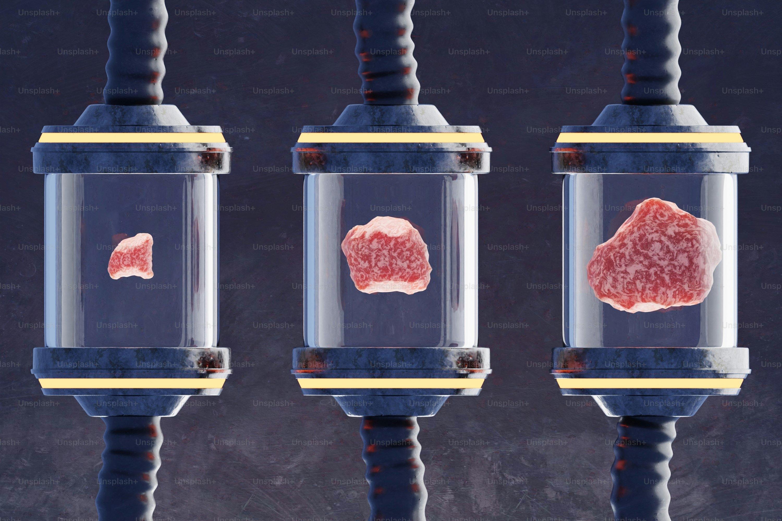 Three different types of meat in a glass container