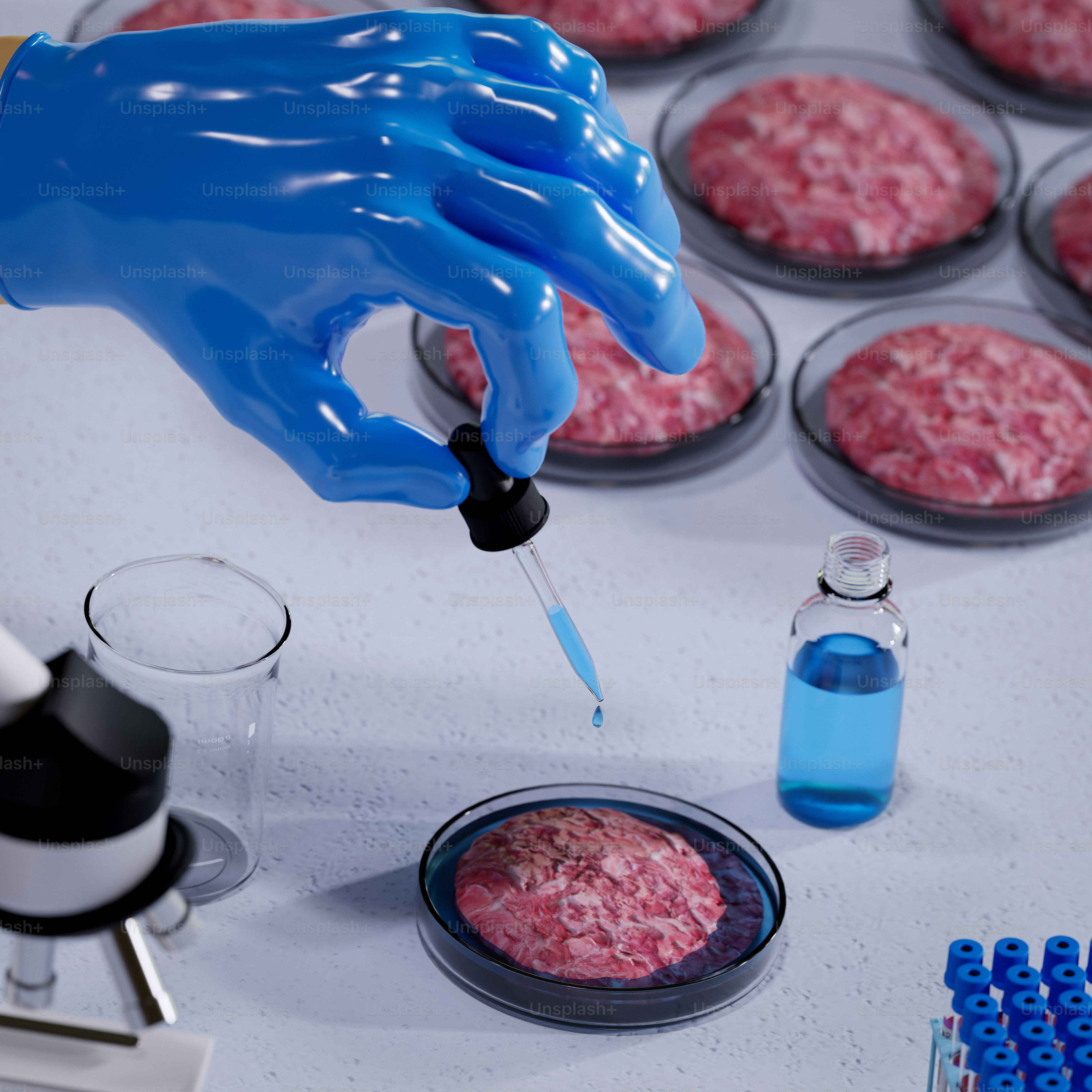 A person in a blue glove is making hamburgers