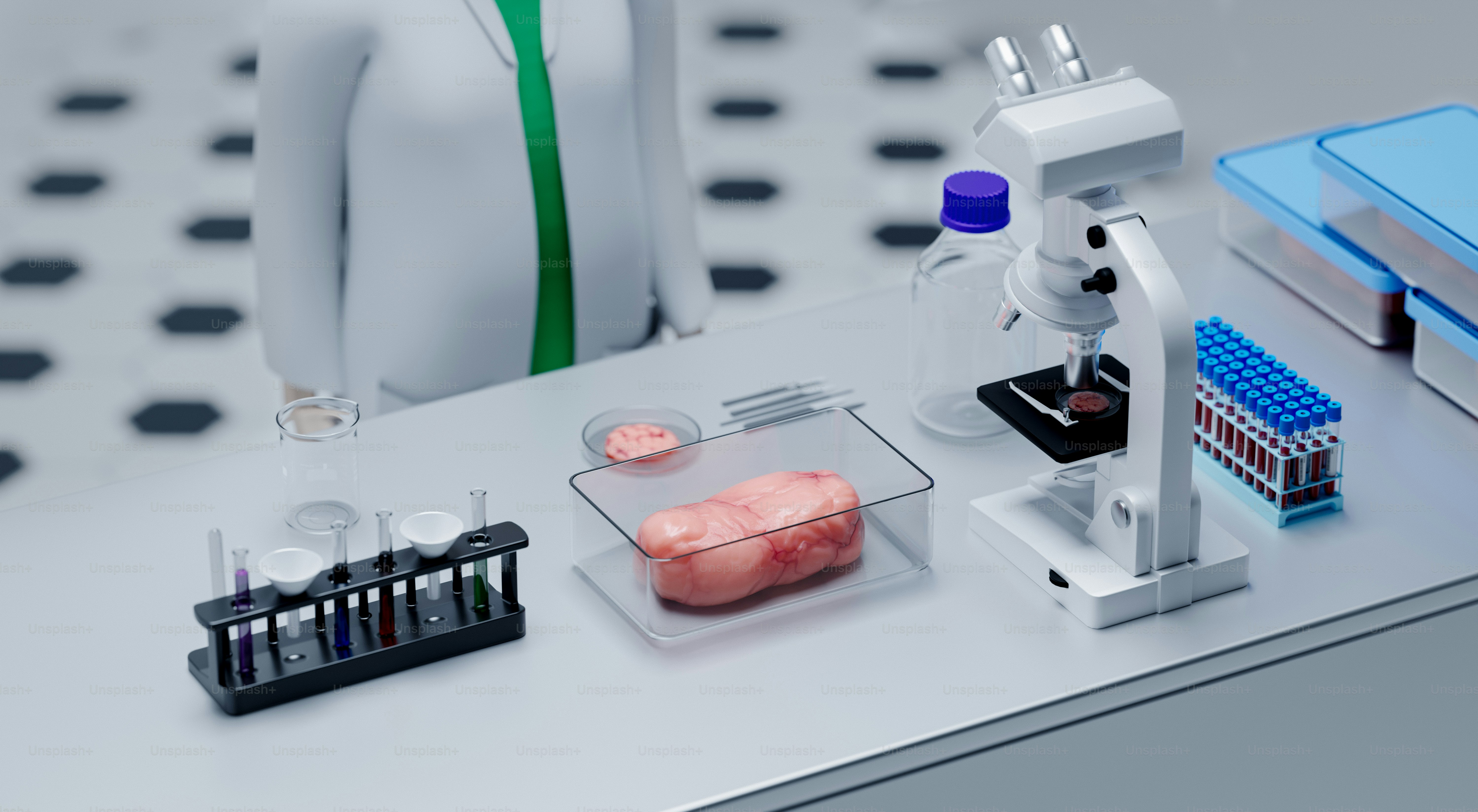 Lab-grown meat placed in a glass container, with a scientist observing it, highlighting scientific progress in sustainable food production.