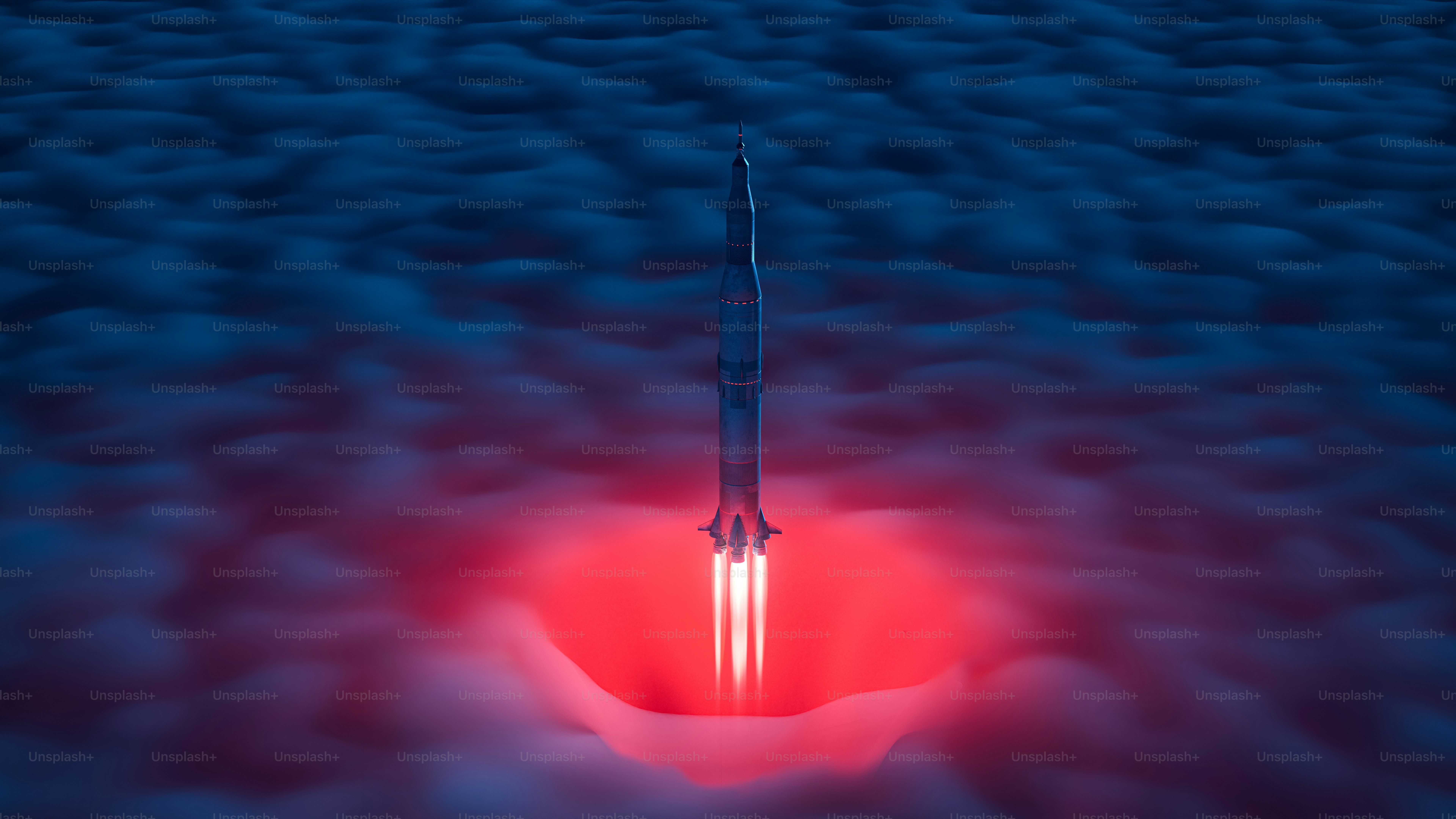 A rocket launching into the sky with a red light