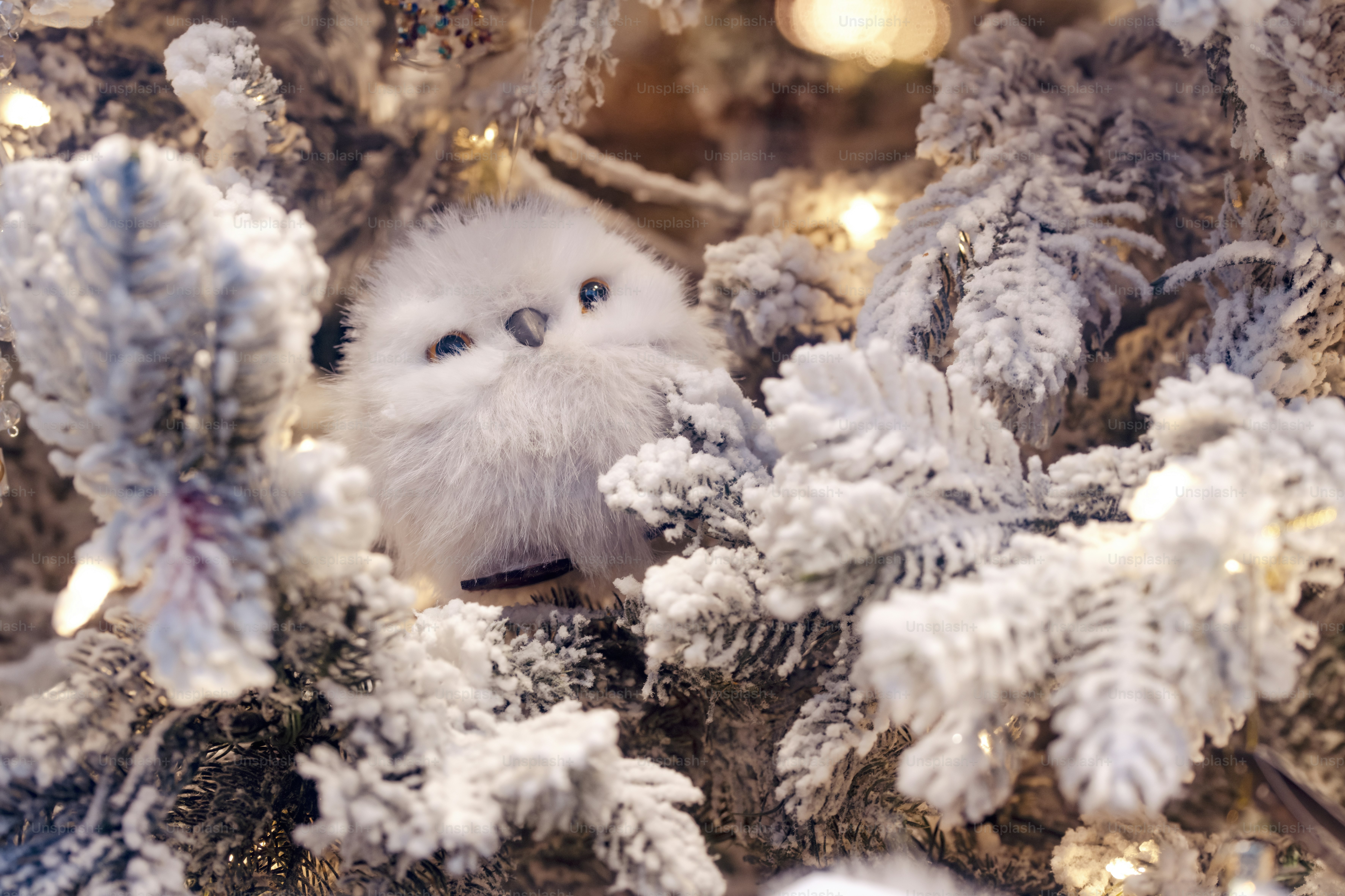 A small white bird sitting on top of a christmas tree
