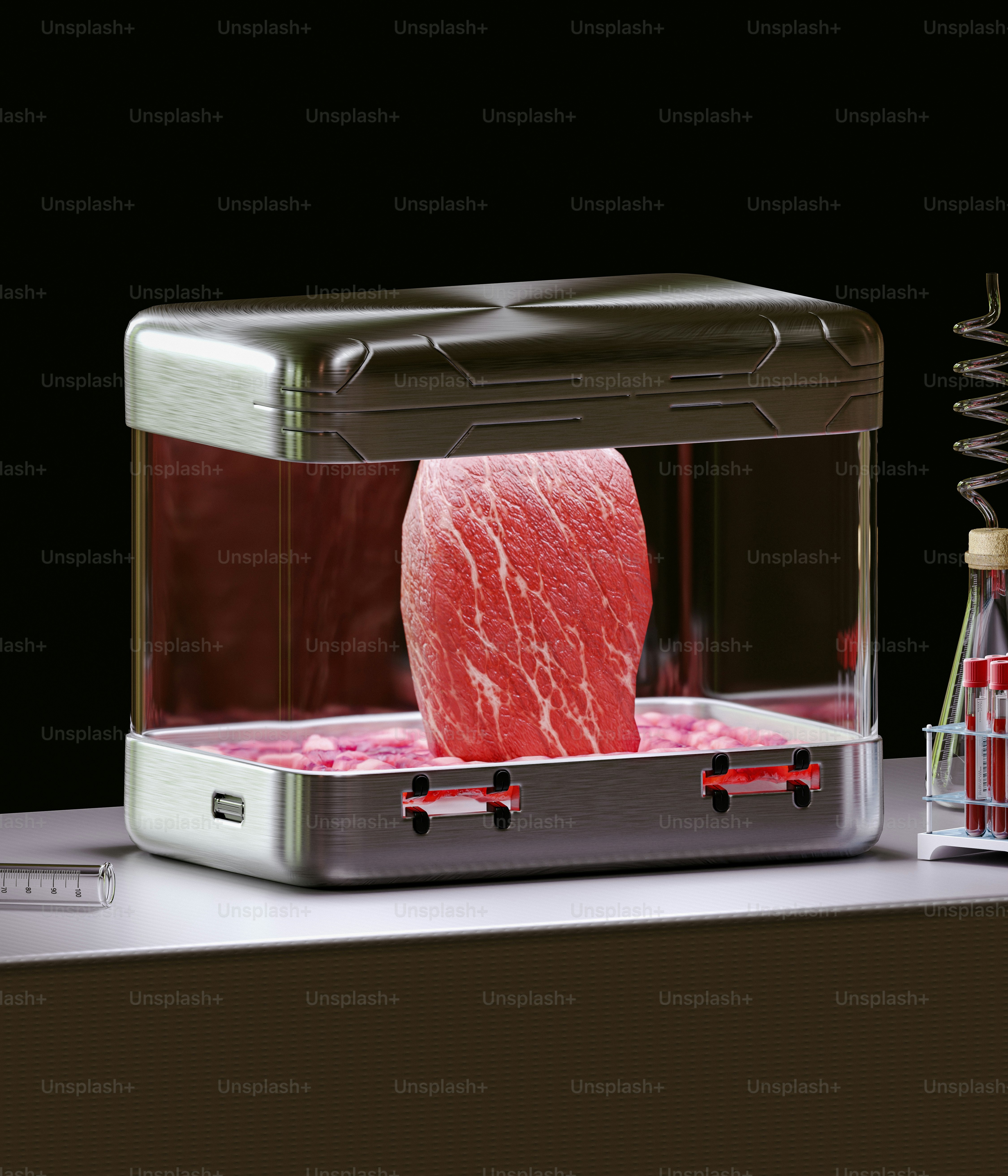 A piece of meat in a case on a table