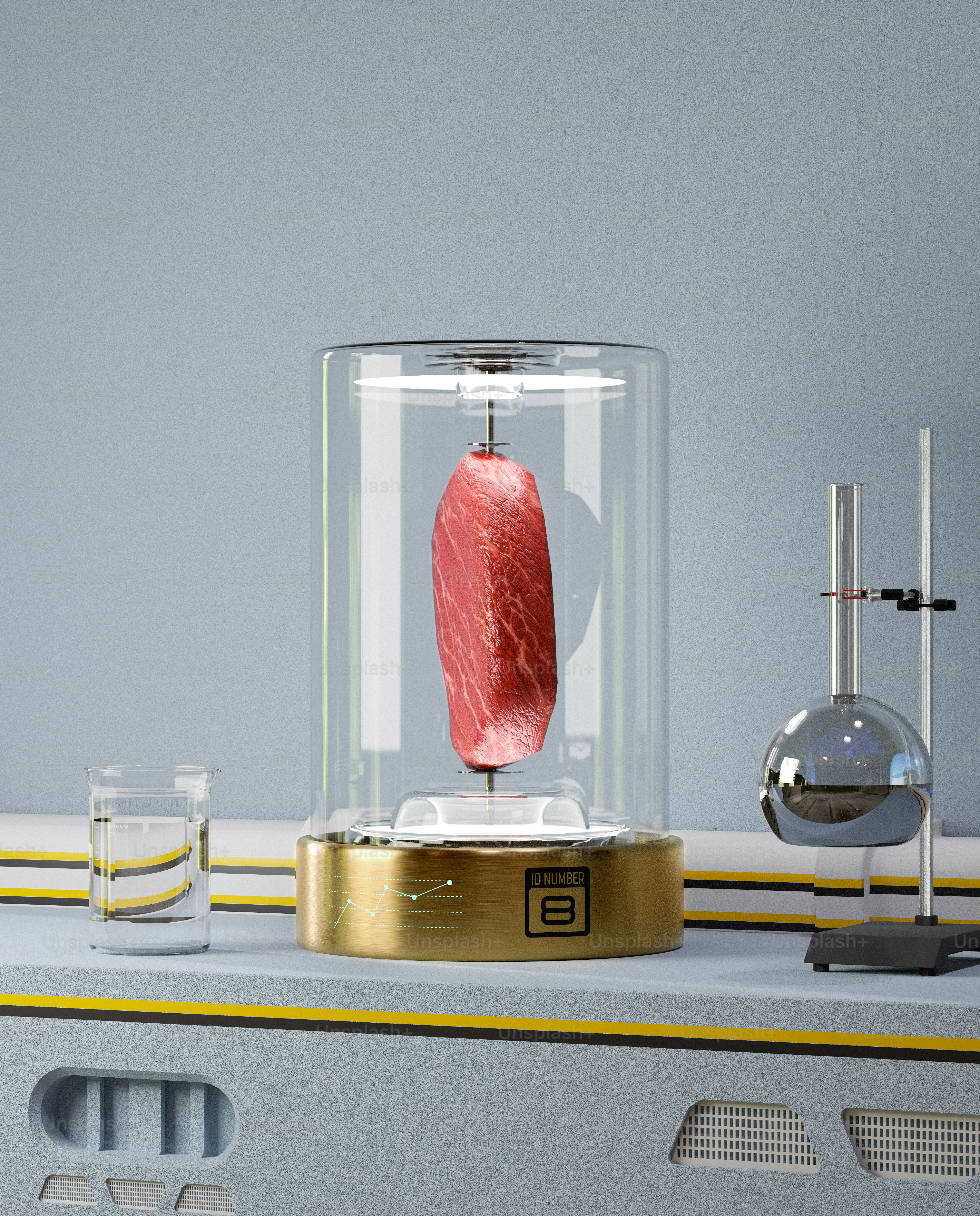 A piece of meat in a glass case