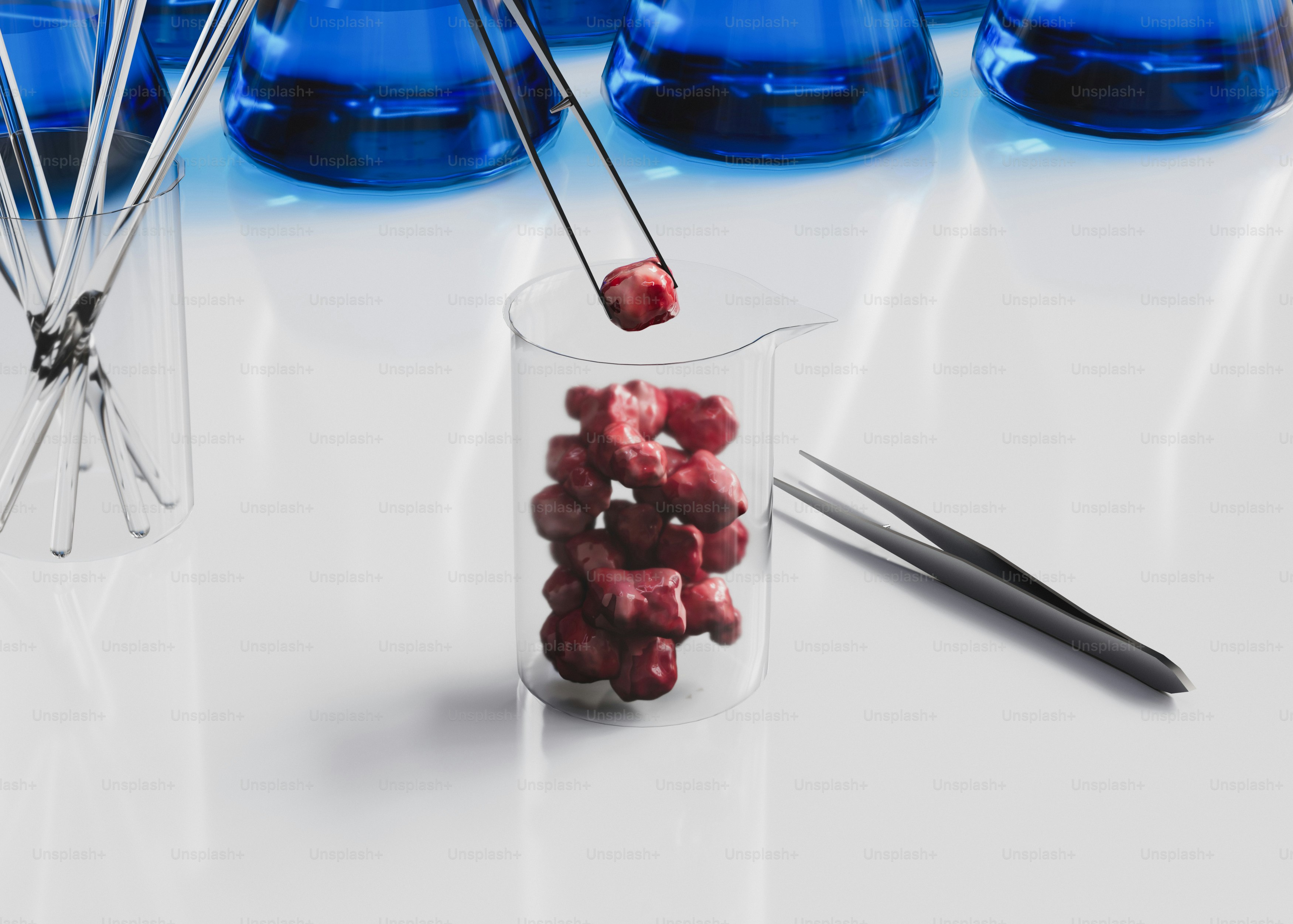 A glass filled with red berries next to a set of blue beakles