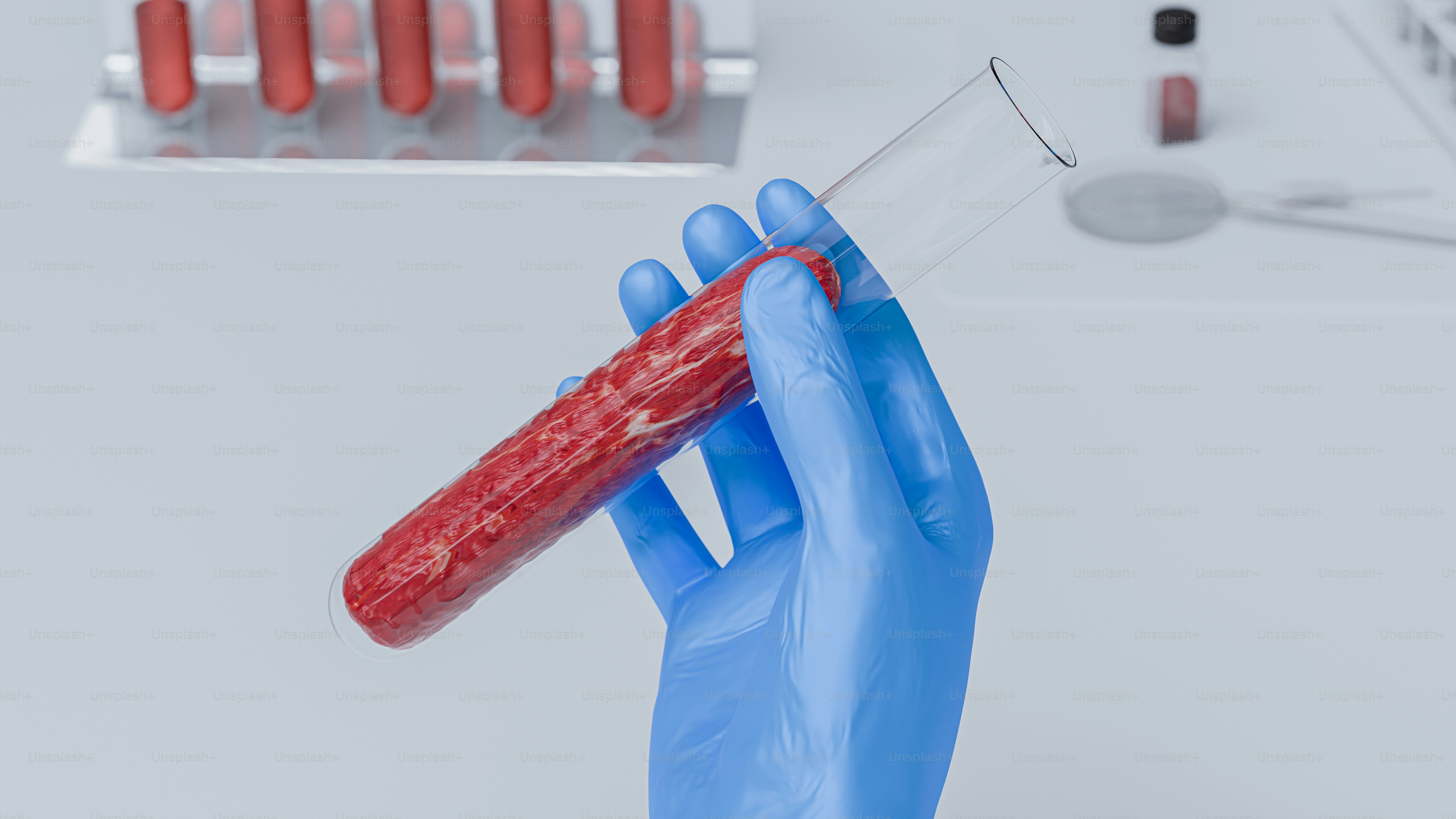 A hand in blue gloves holding a tube of blood