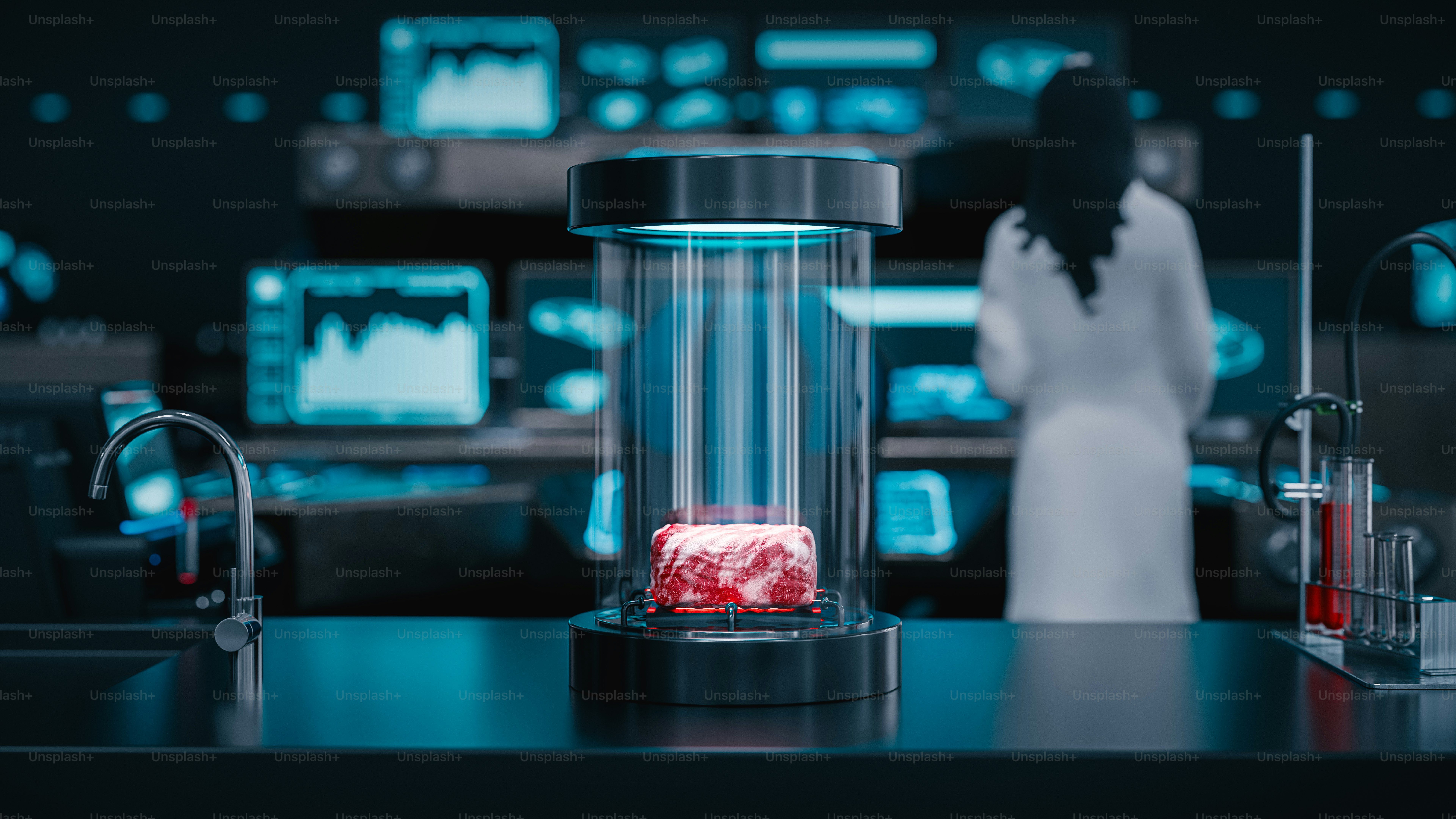 A woman in a white dress standing in front of a table