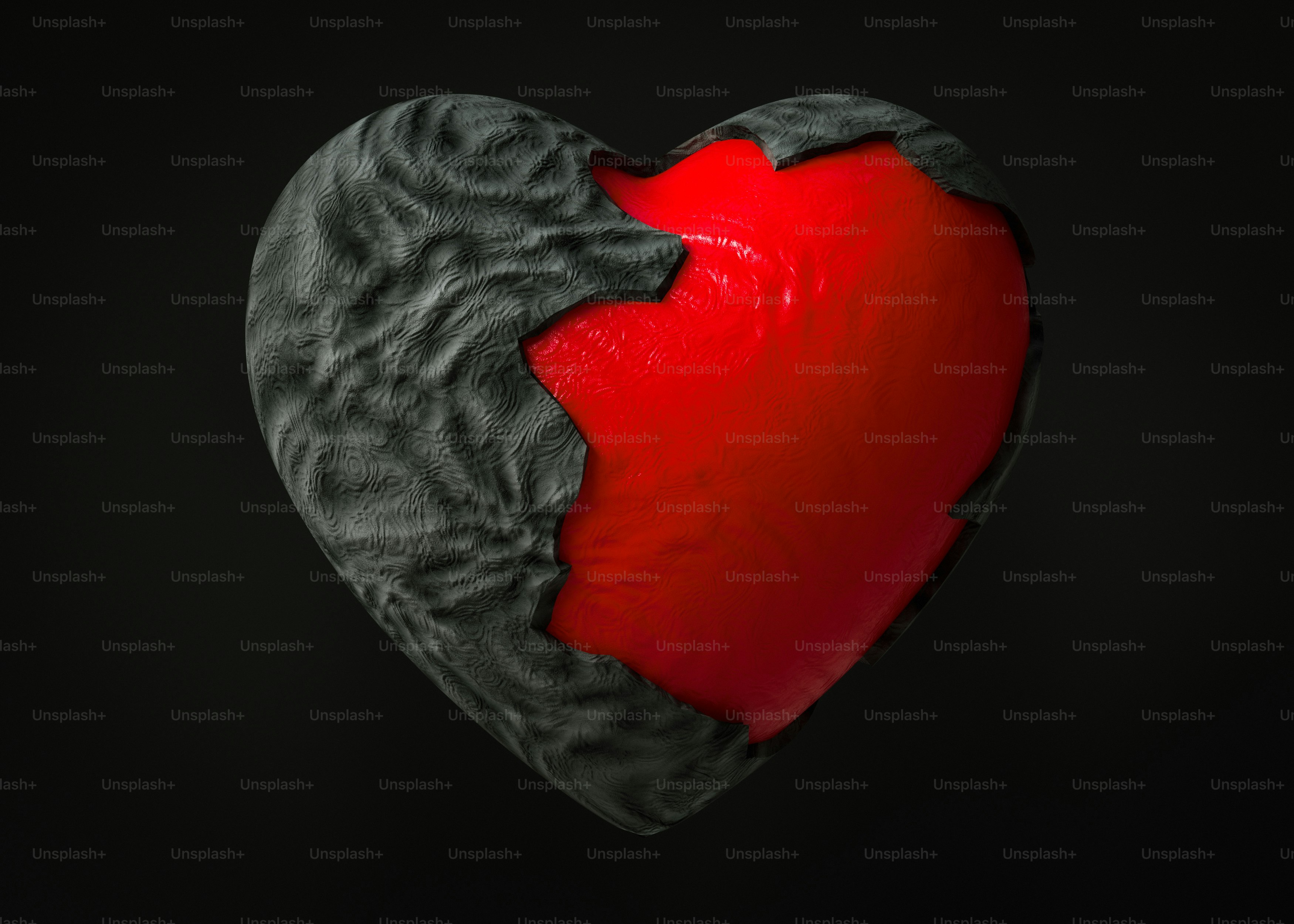 A red and black heart with a black background