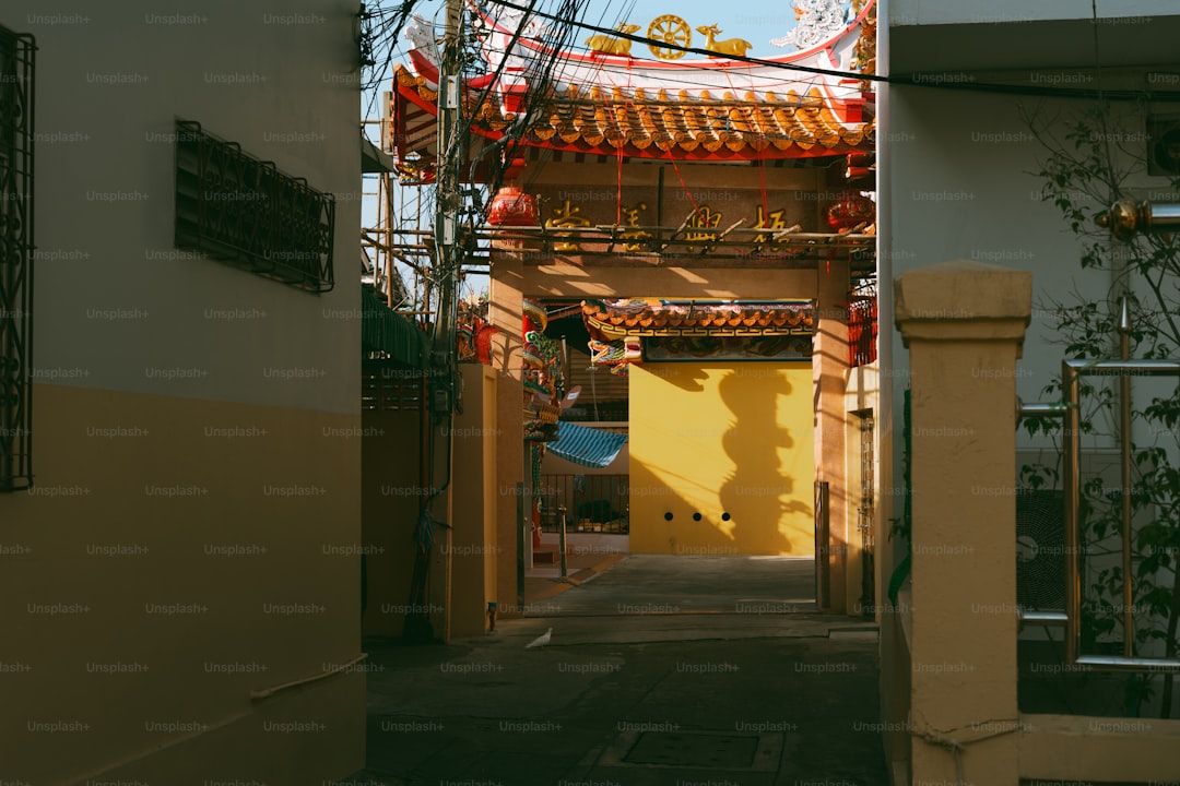 A narrow alley with a yellow door and a yellow gate