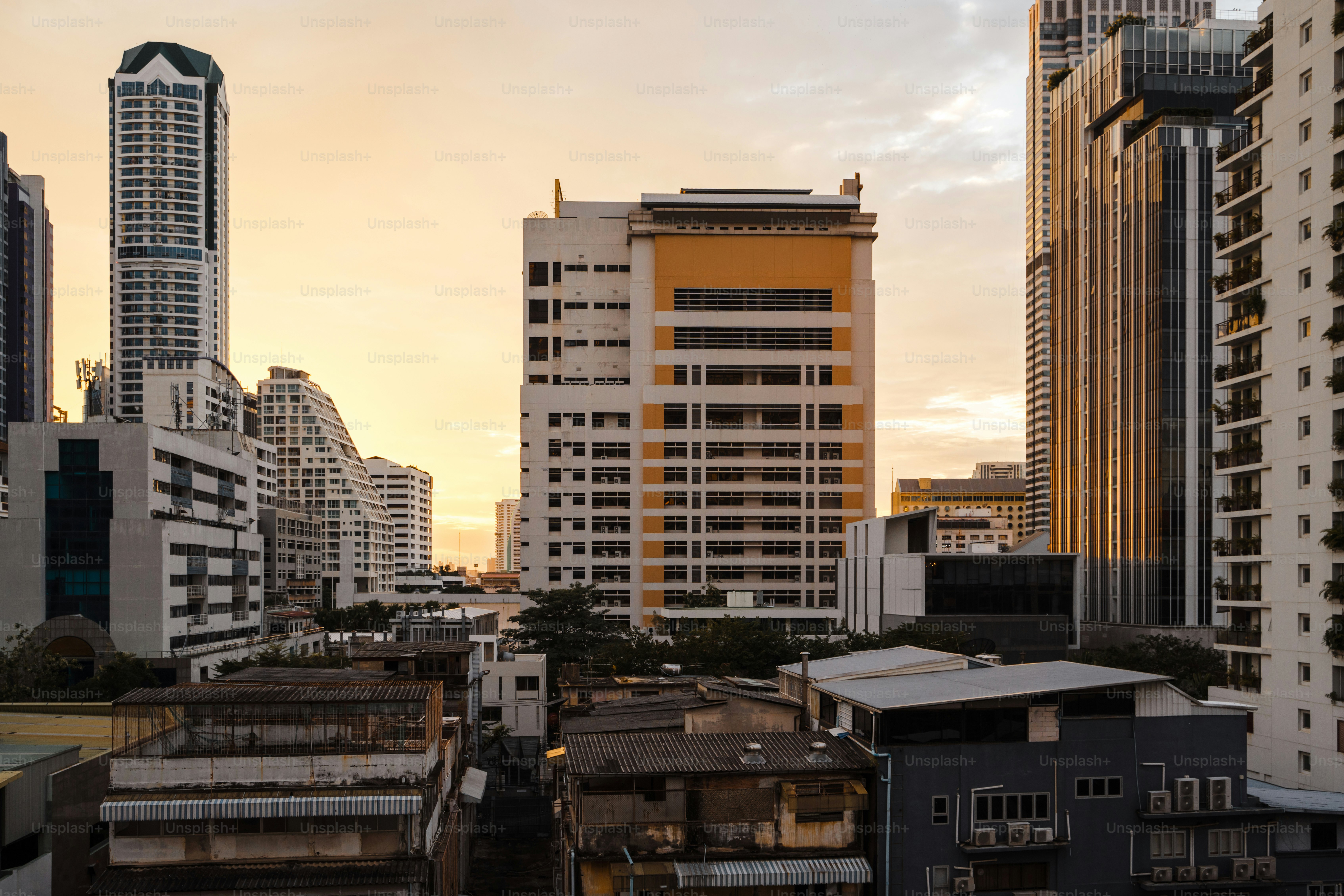 A view of a city with tall buildings