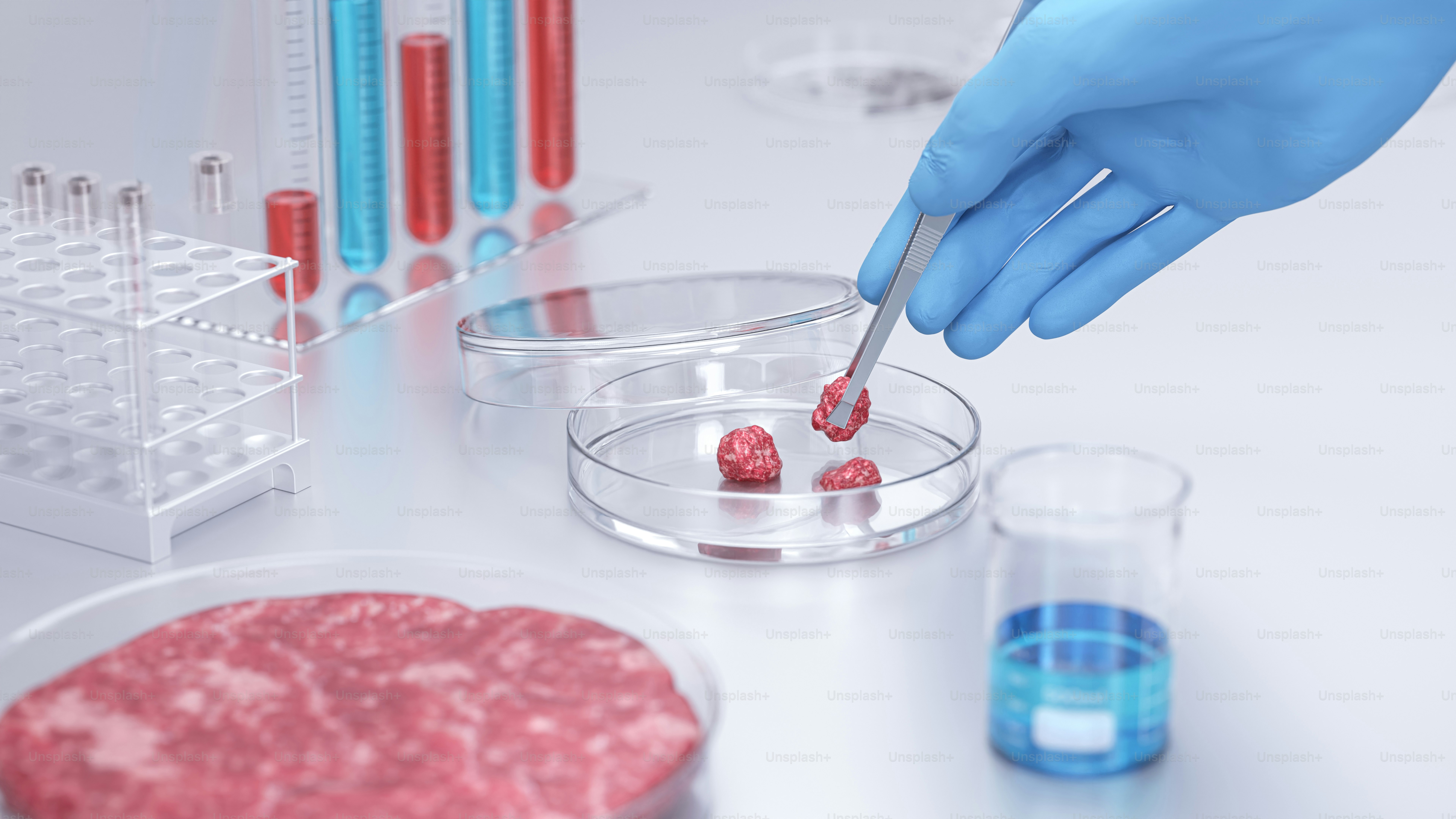 A person in blue gloves is preparing food