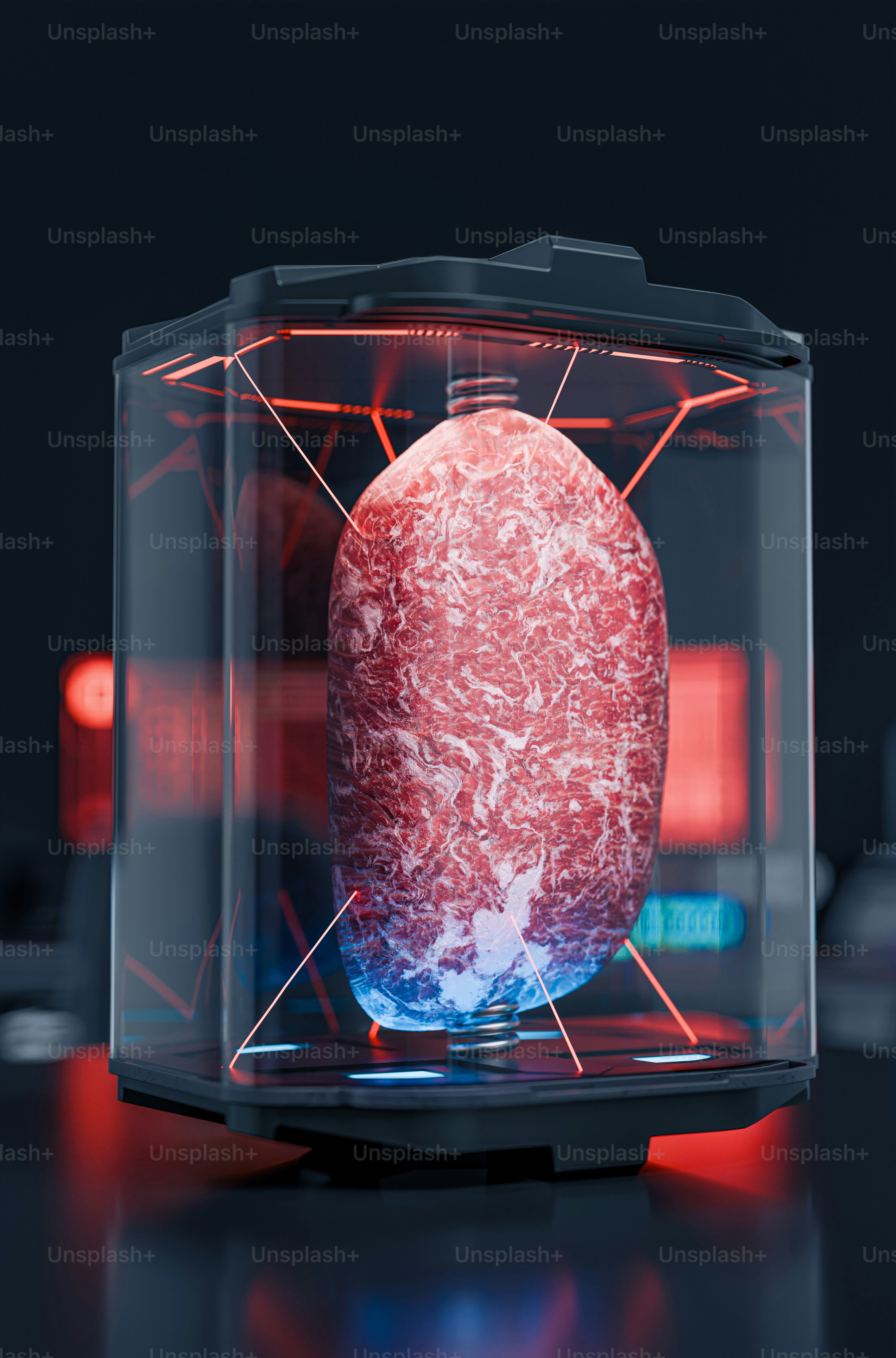 A large object in a glass case on a table