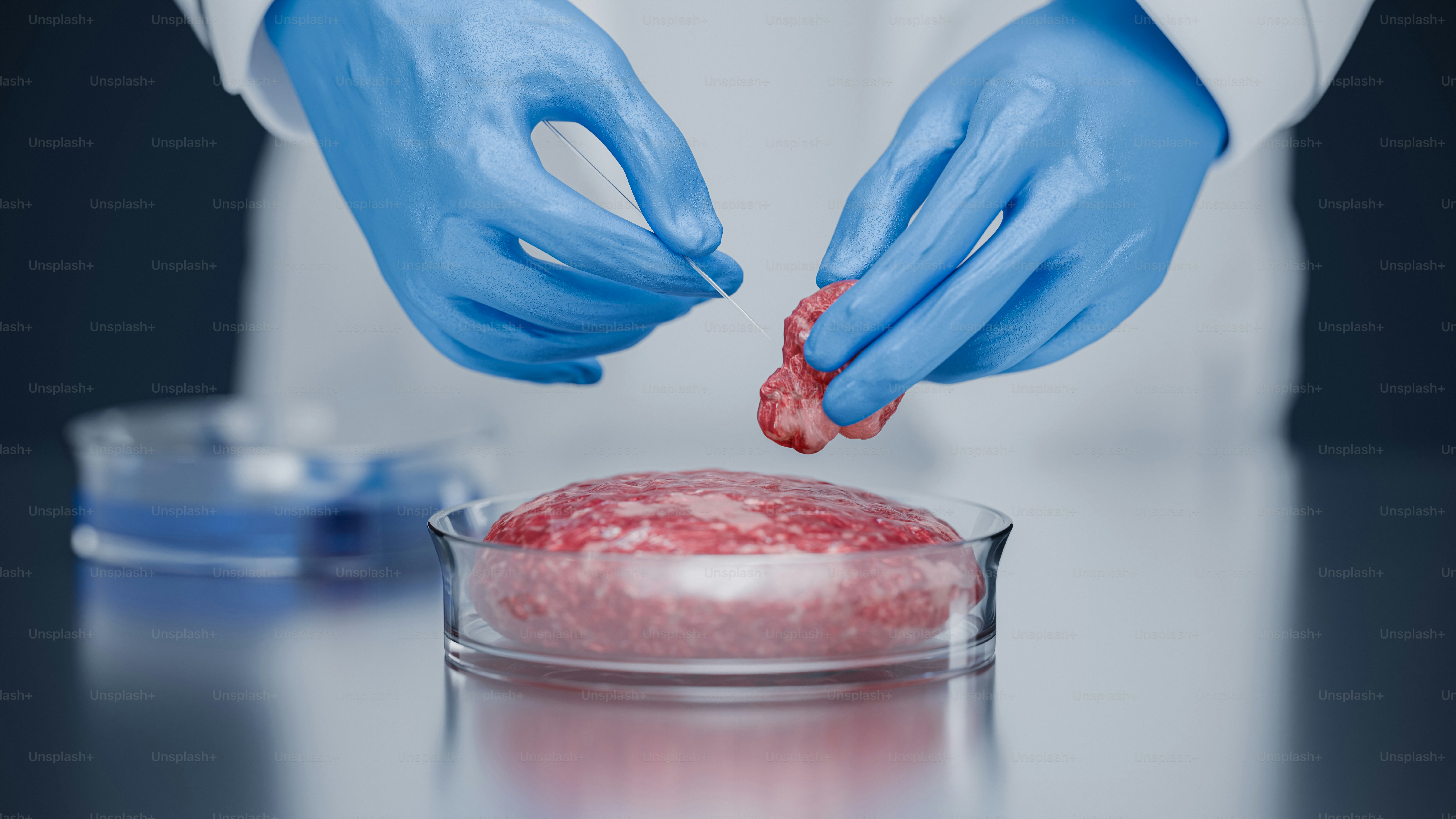 A person in a white coat and blue gloves