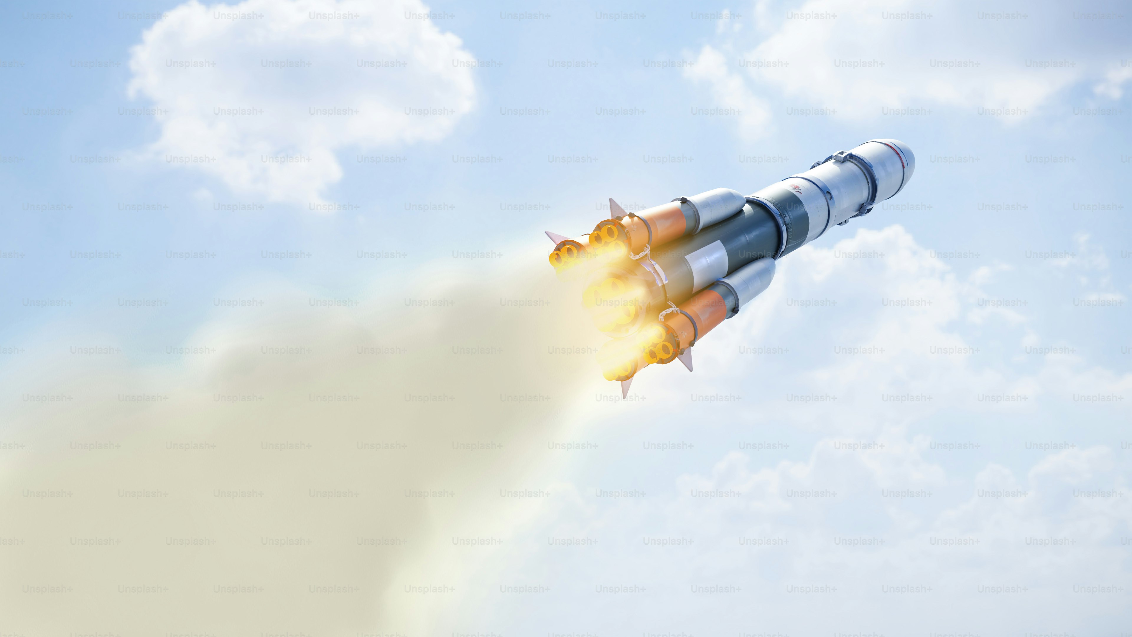 A rocket is flying through the air with smoke coming out of it