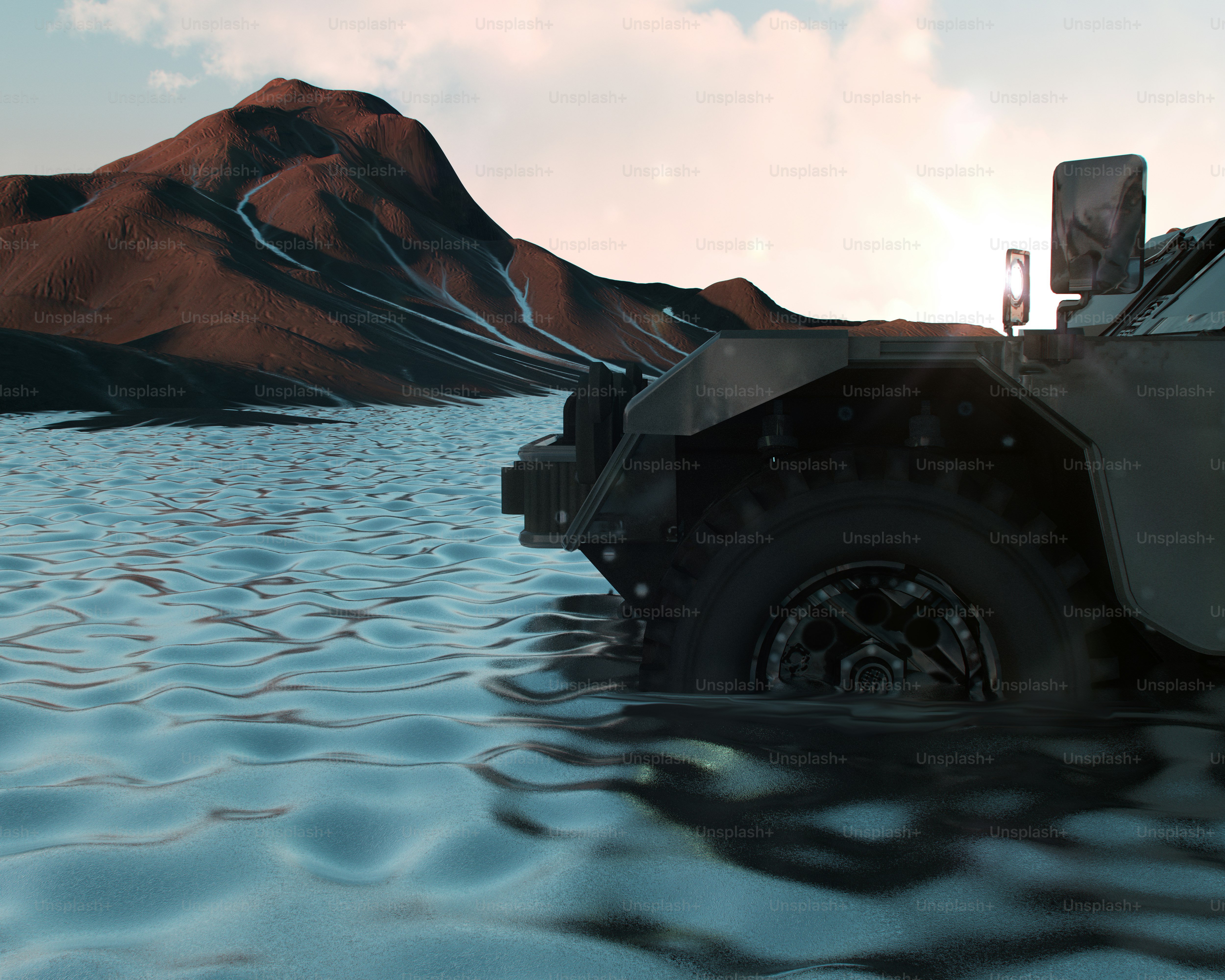 Um carro está submerso em um corpo de água